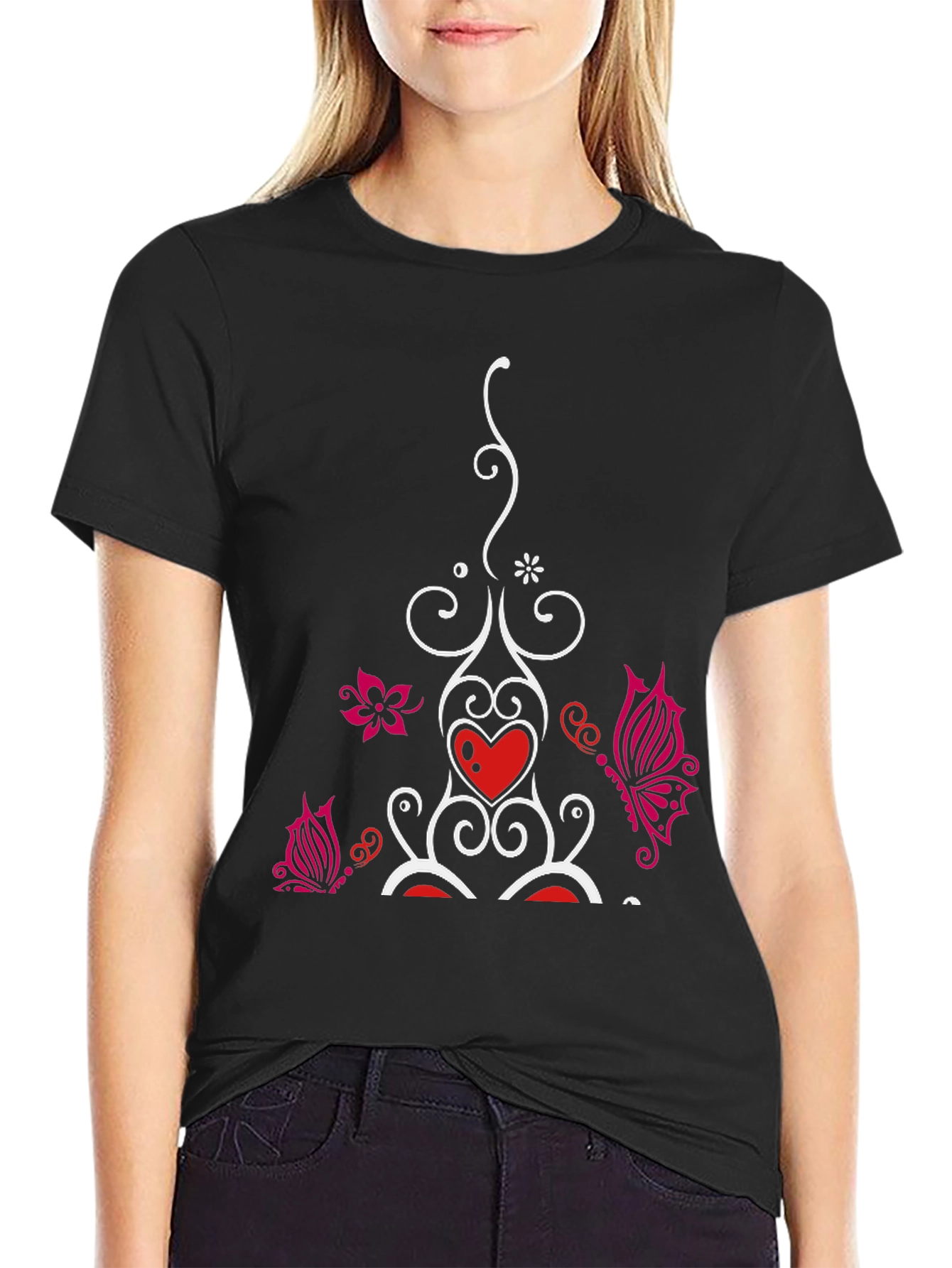 Heart Butterfly Graphic Black T-Shirt