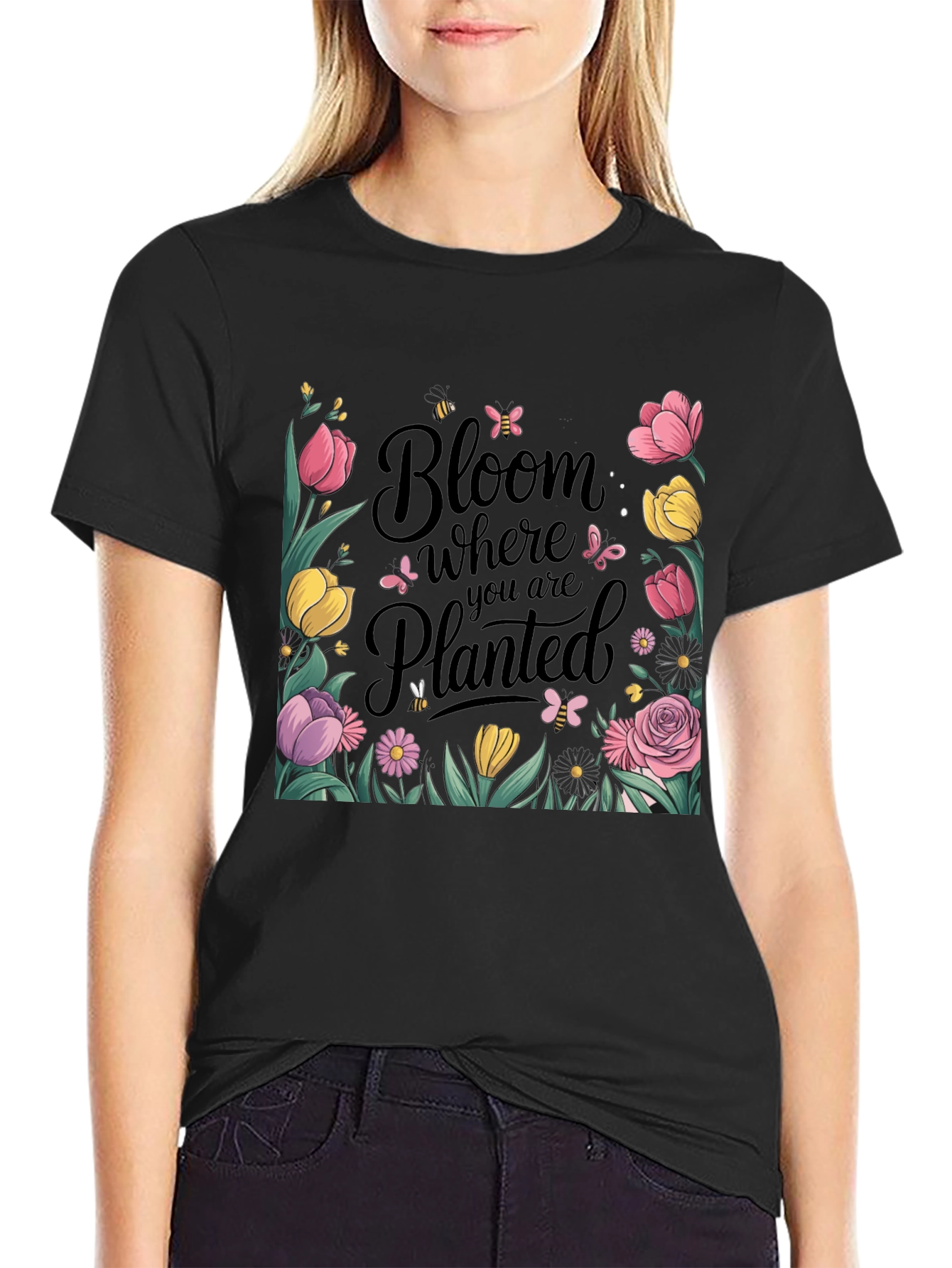 Bloom Where You Are Planted Black T-Shirt