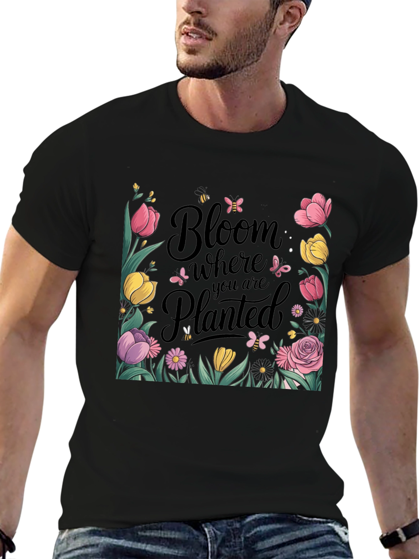 Bloom Where You Are Planted Black T-Shirt