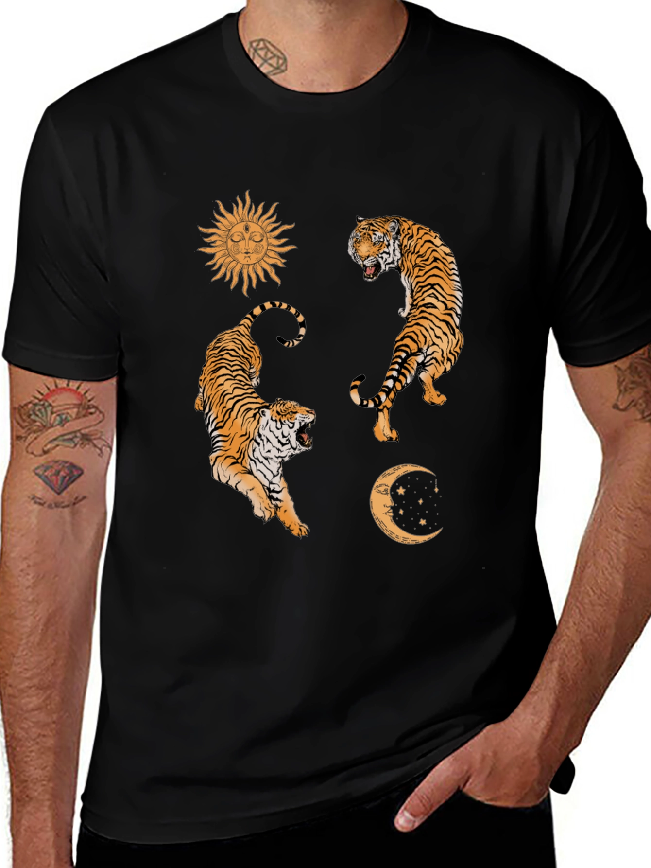 Celestial Tiger Graphic Tee - Sun & Moon Design