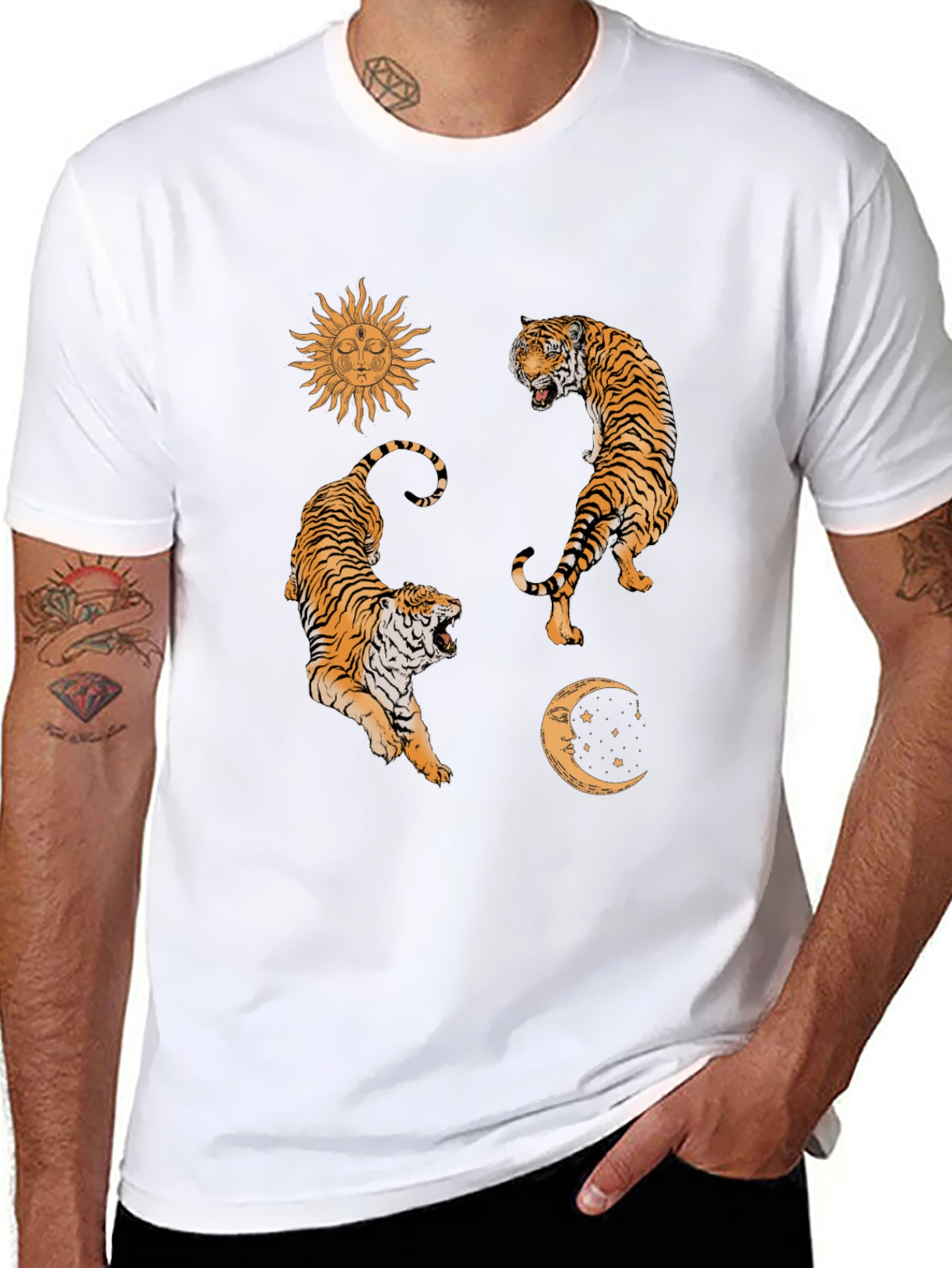Celestial Tiger Graphic Tee - Sun & Moon Design