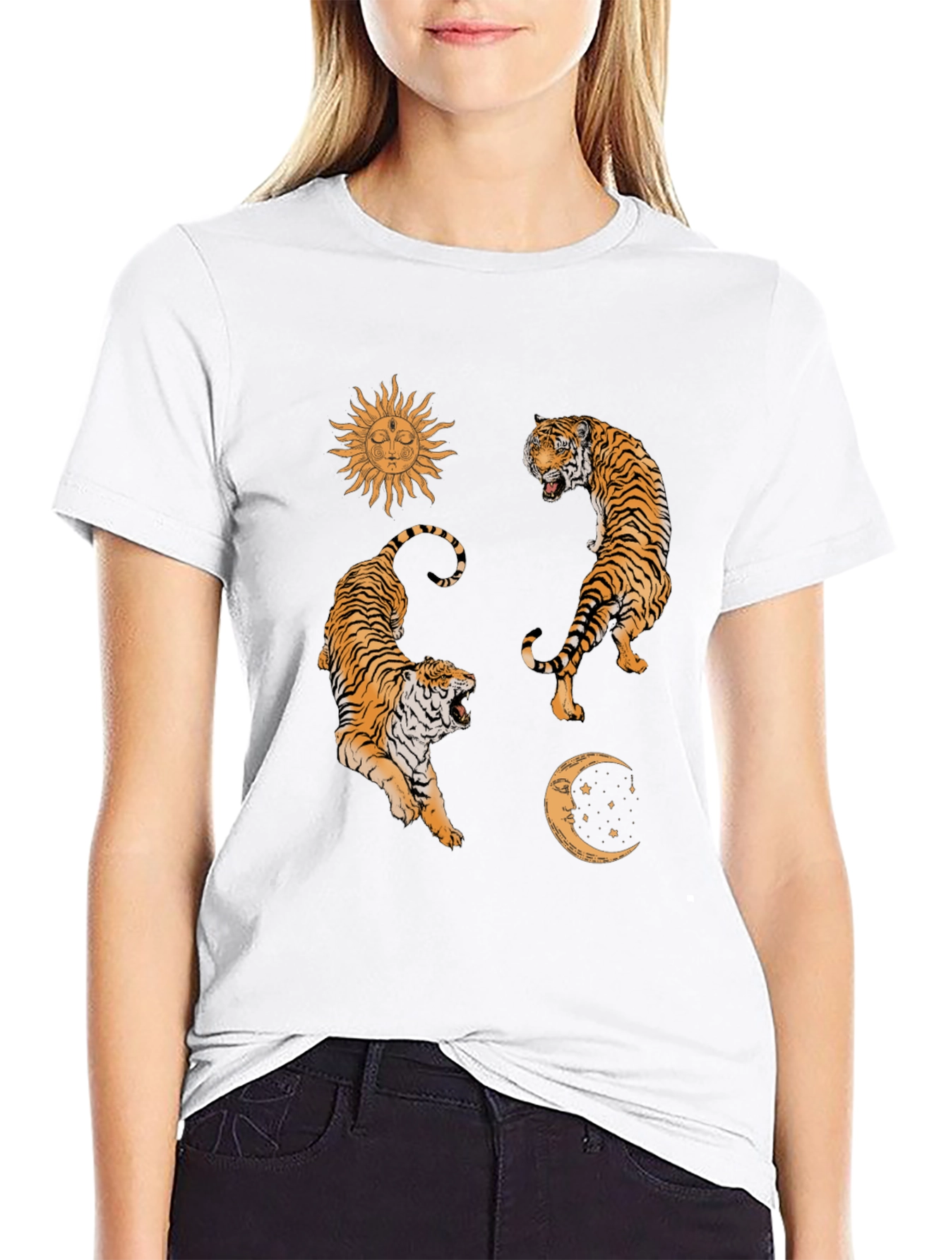 Celestial Tiger Graphic Tee - Sun & Moon Design