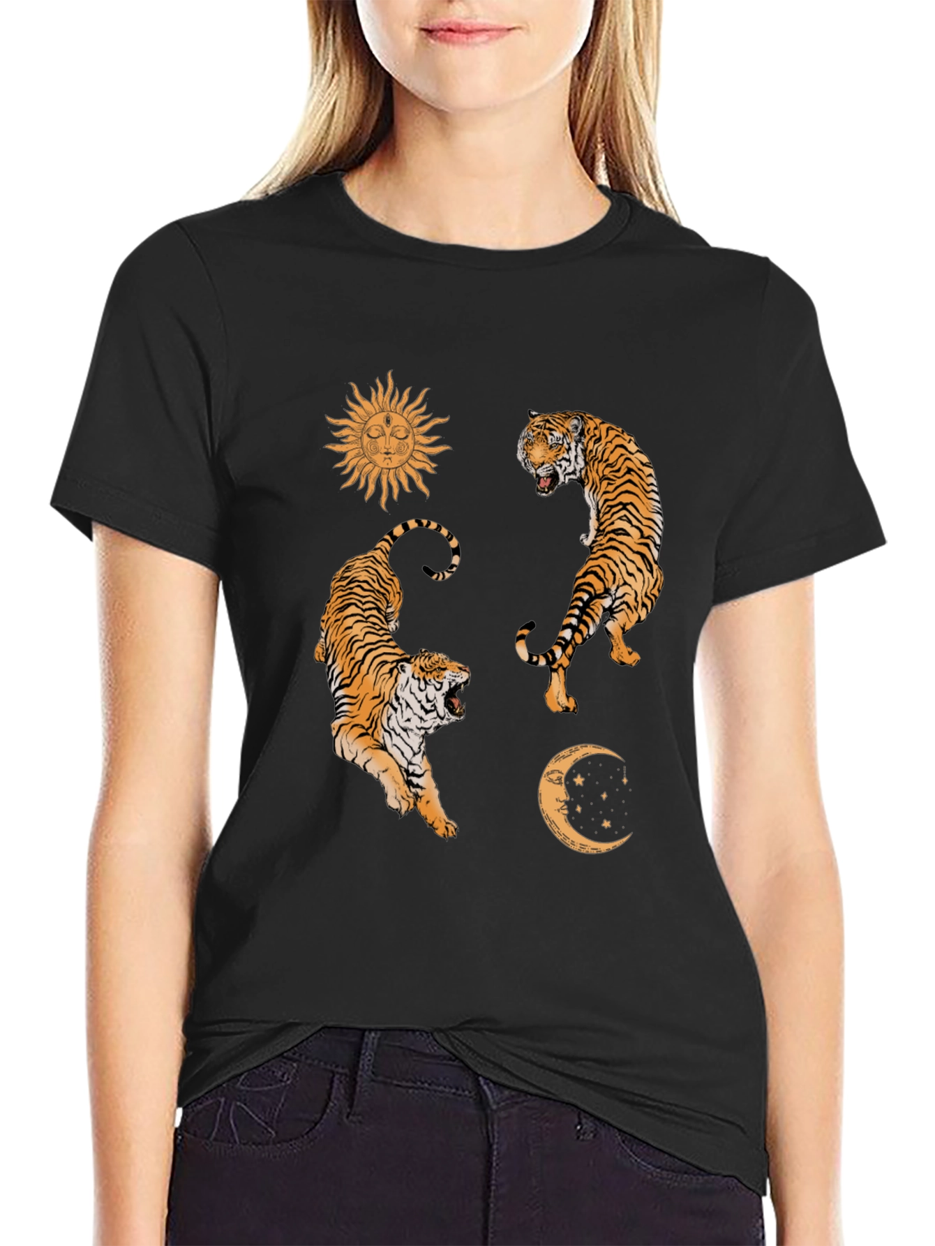 Celestial Tiger Graphic Tee - Sun & Moon Design