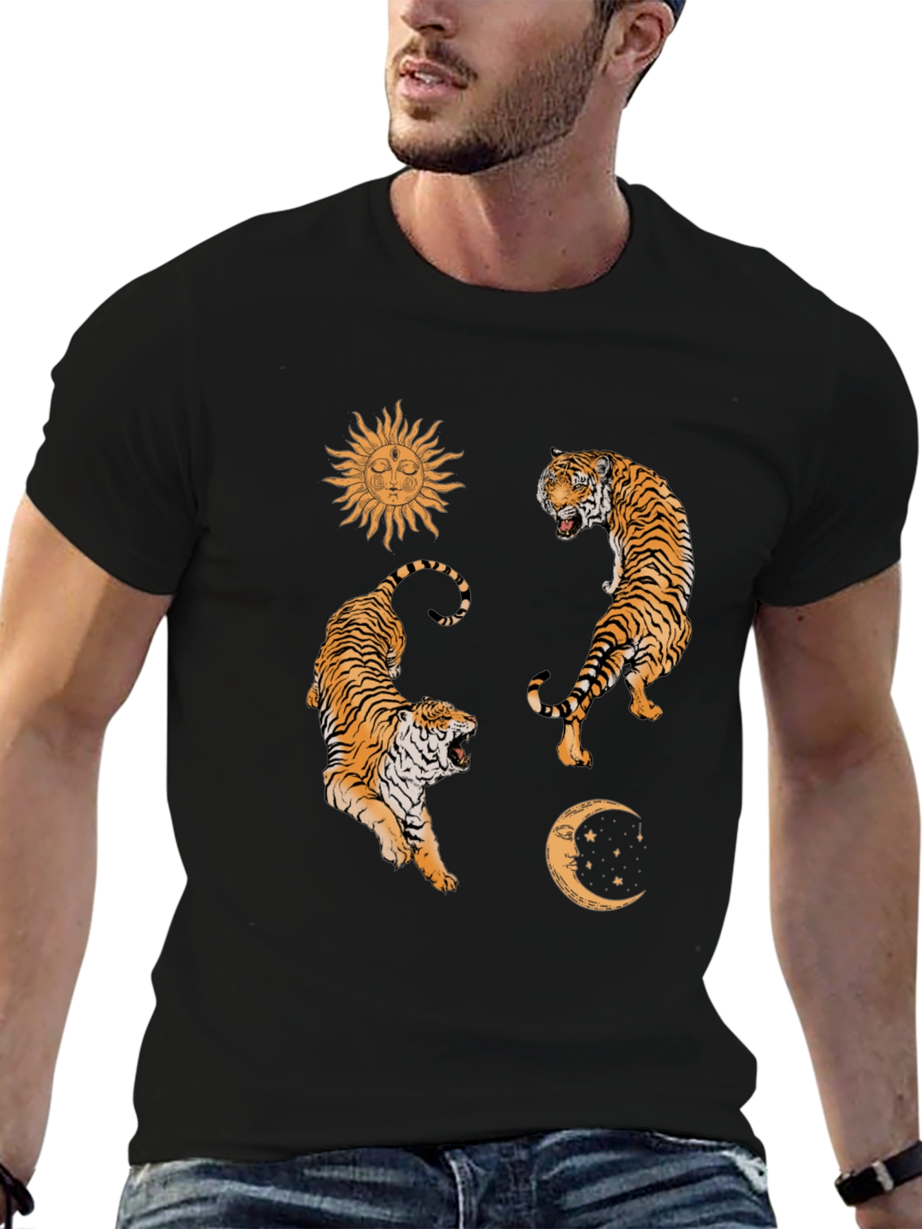 Celestial Tiger Graphic Tee - Sun & Moon Design