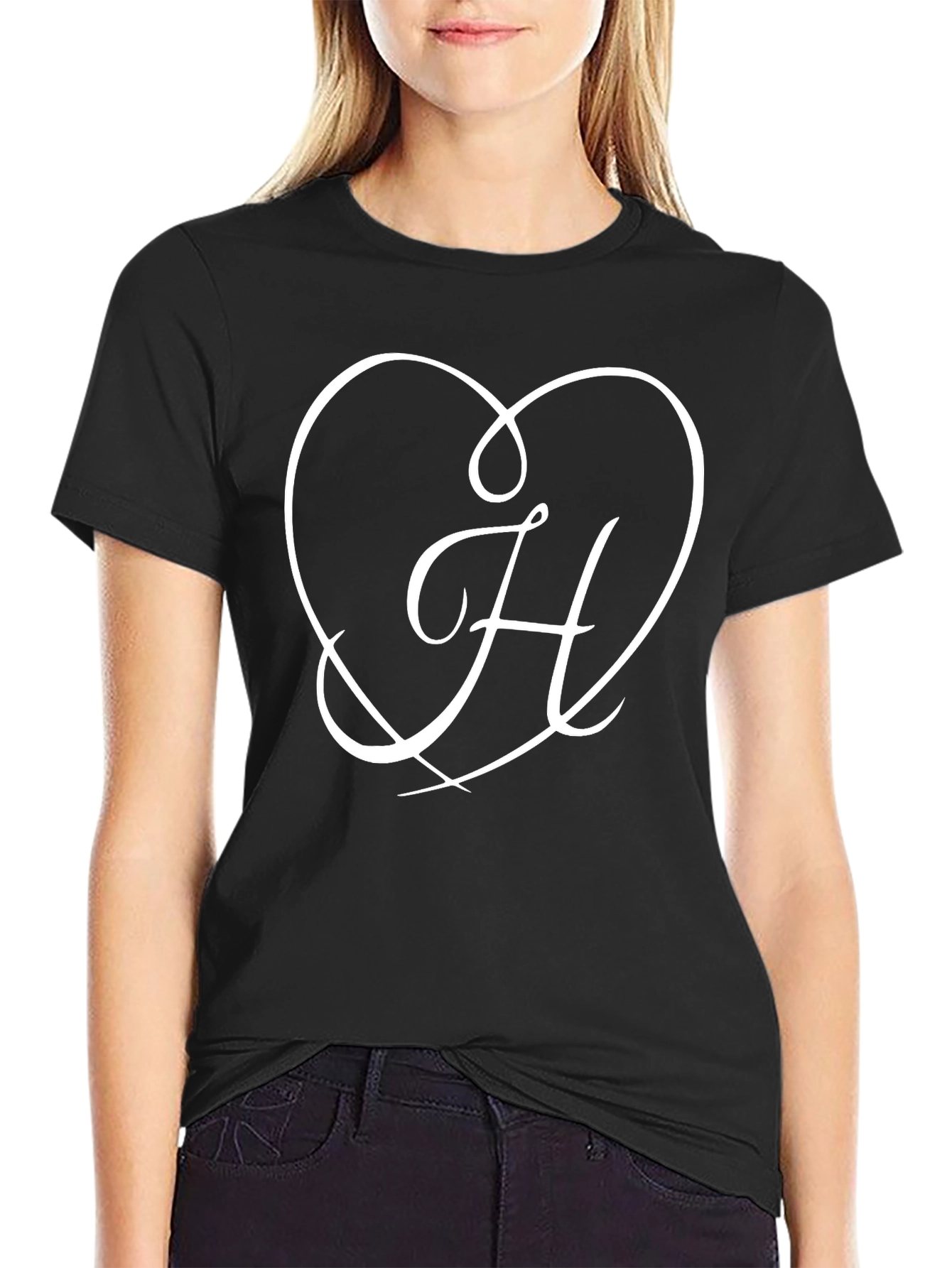 Heart H Letter Black T-Shirt