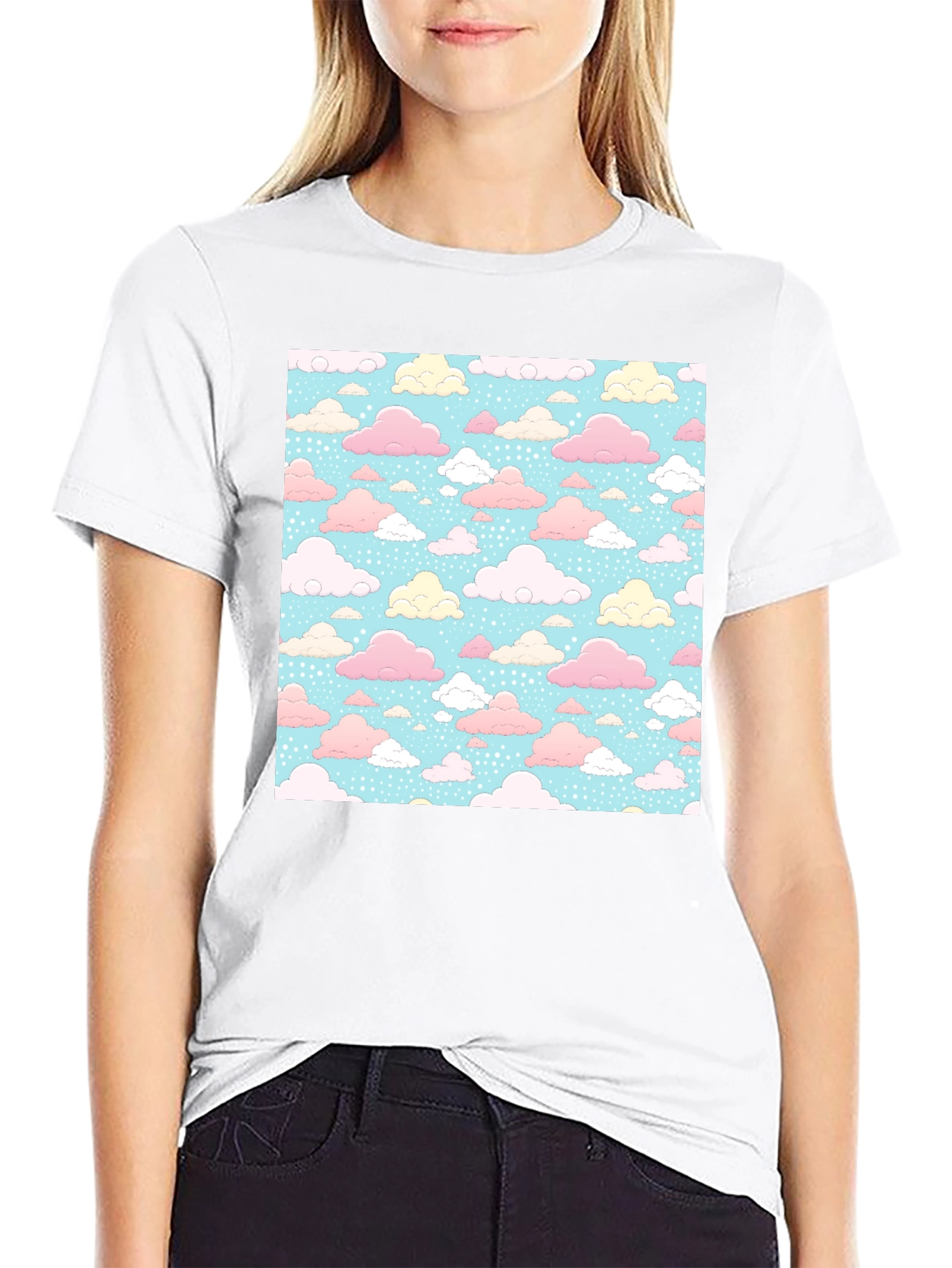 Pastel Cloud Pattern Black T-Shirt