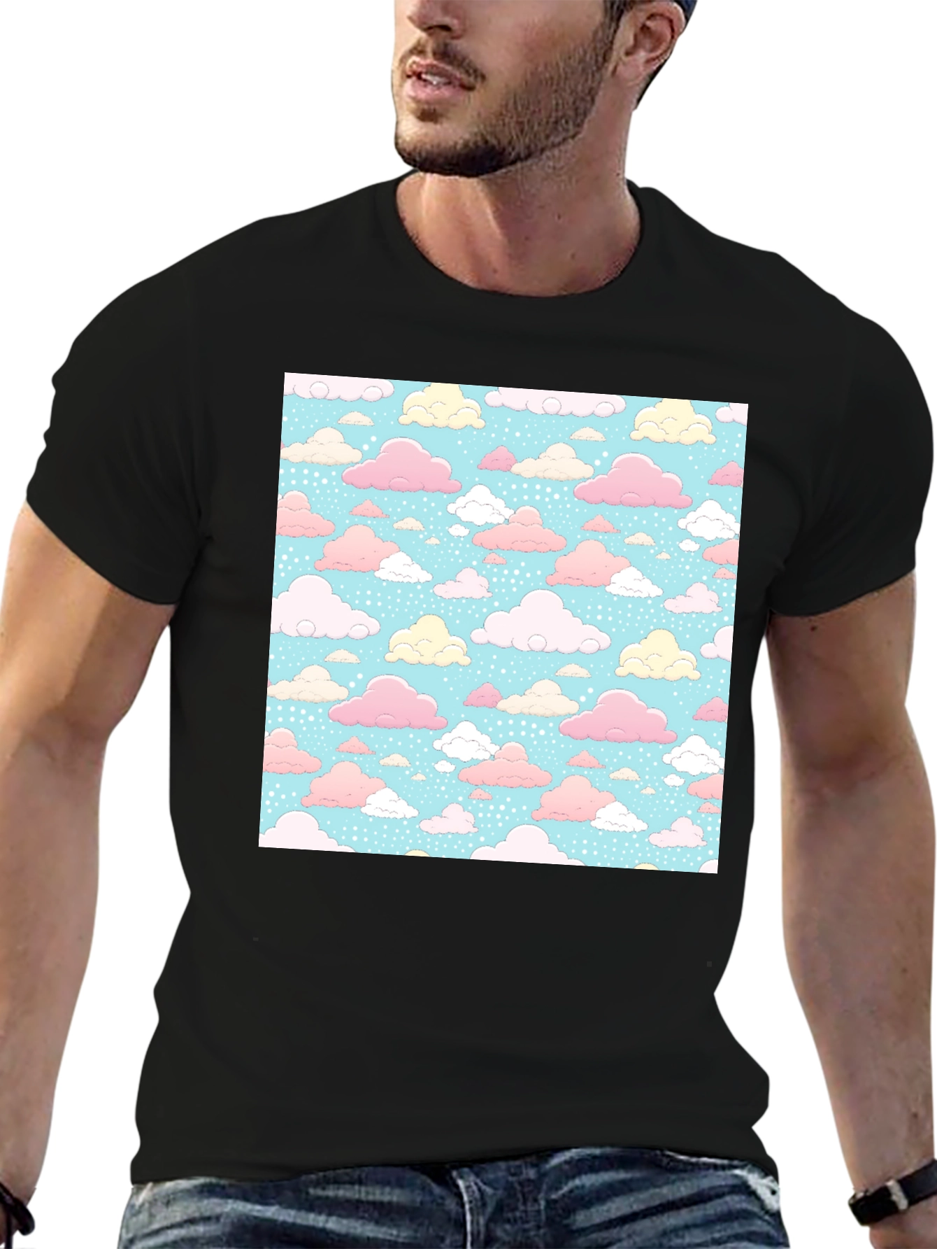 Pastel Cloud Pattern Black T-Shirt