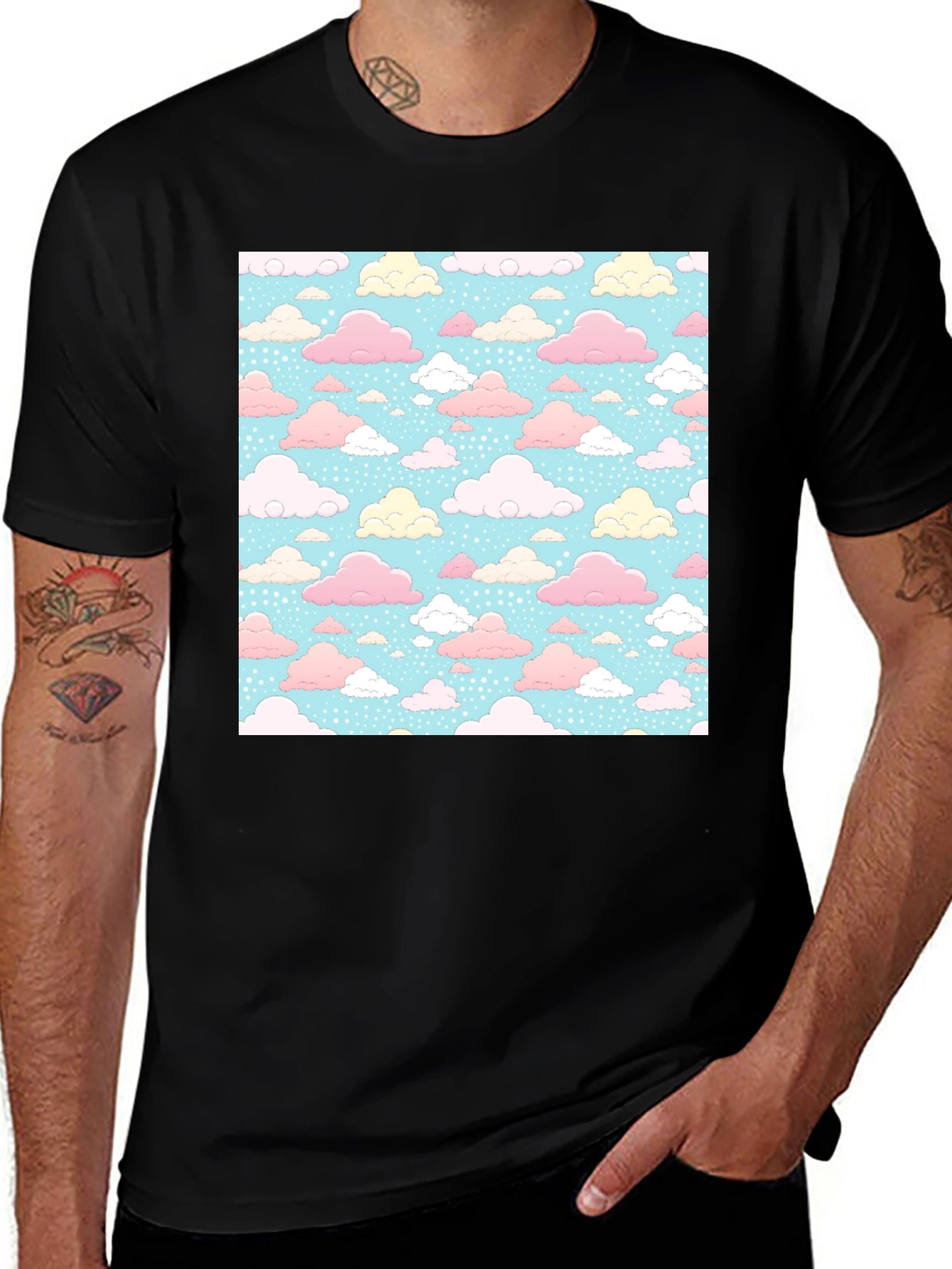 Pastel Cloud Pattern Black T-Shirt