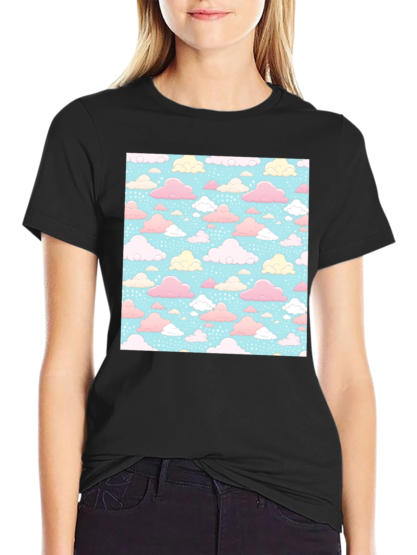 Pastel Cloud Pattern Black T-Shirt