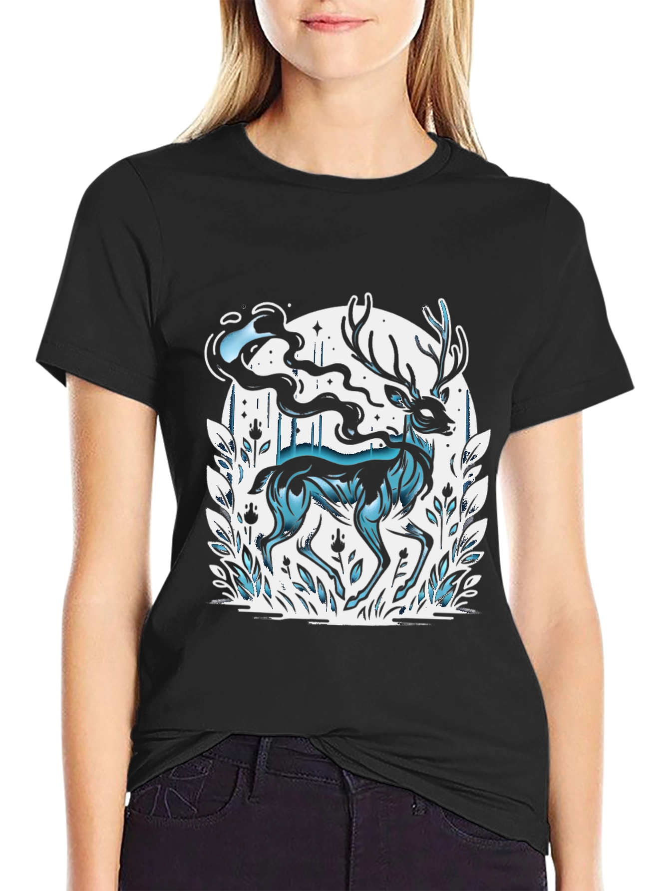 Mystic Deer Graphic T-Shirt - Black Cotton Blend Tee