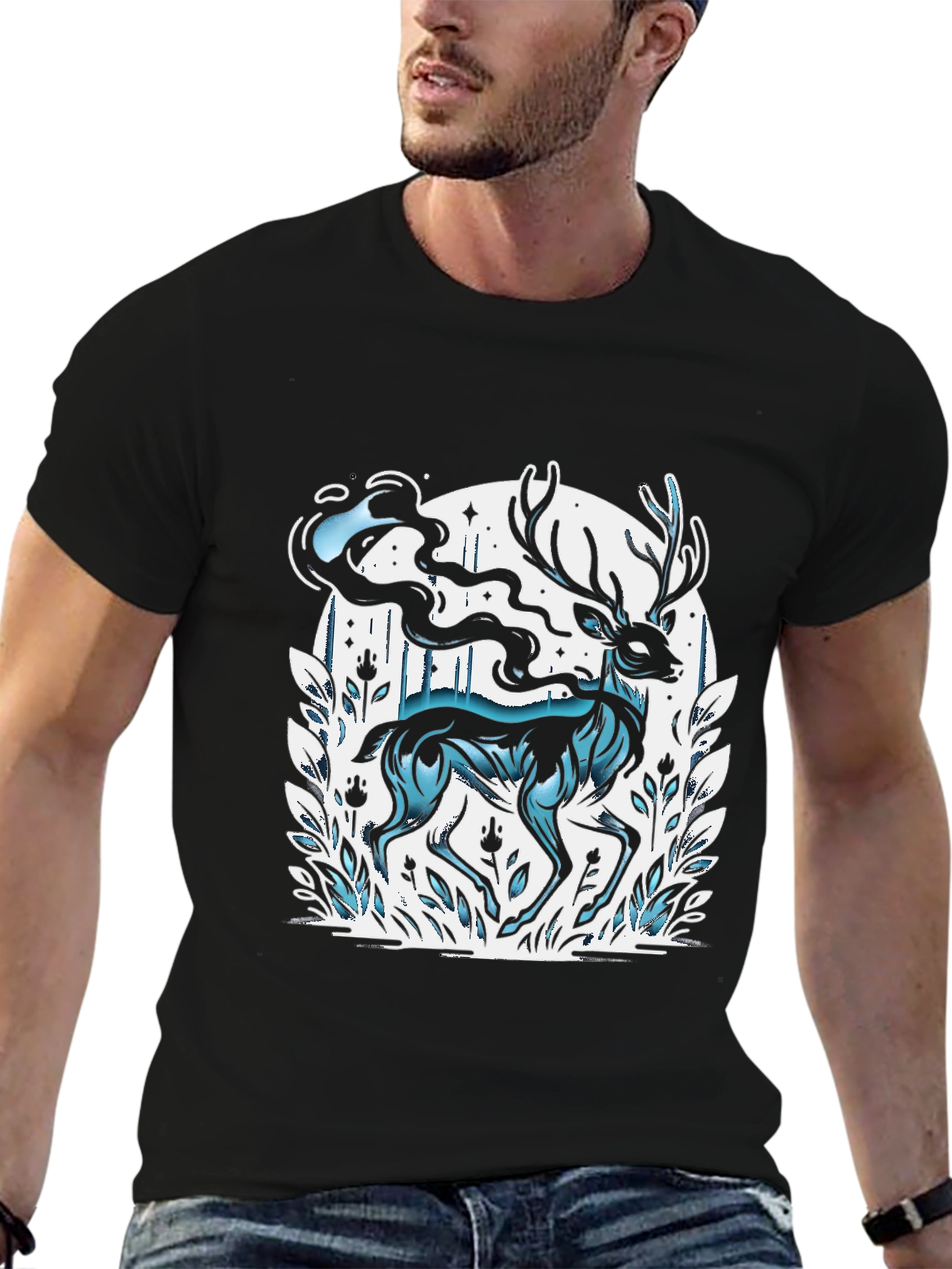 Mystic Deer Graphic T-Shirt - Black Cotton Blend Tee
