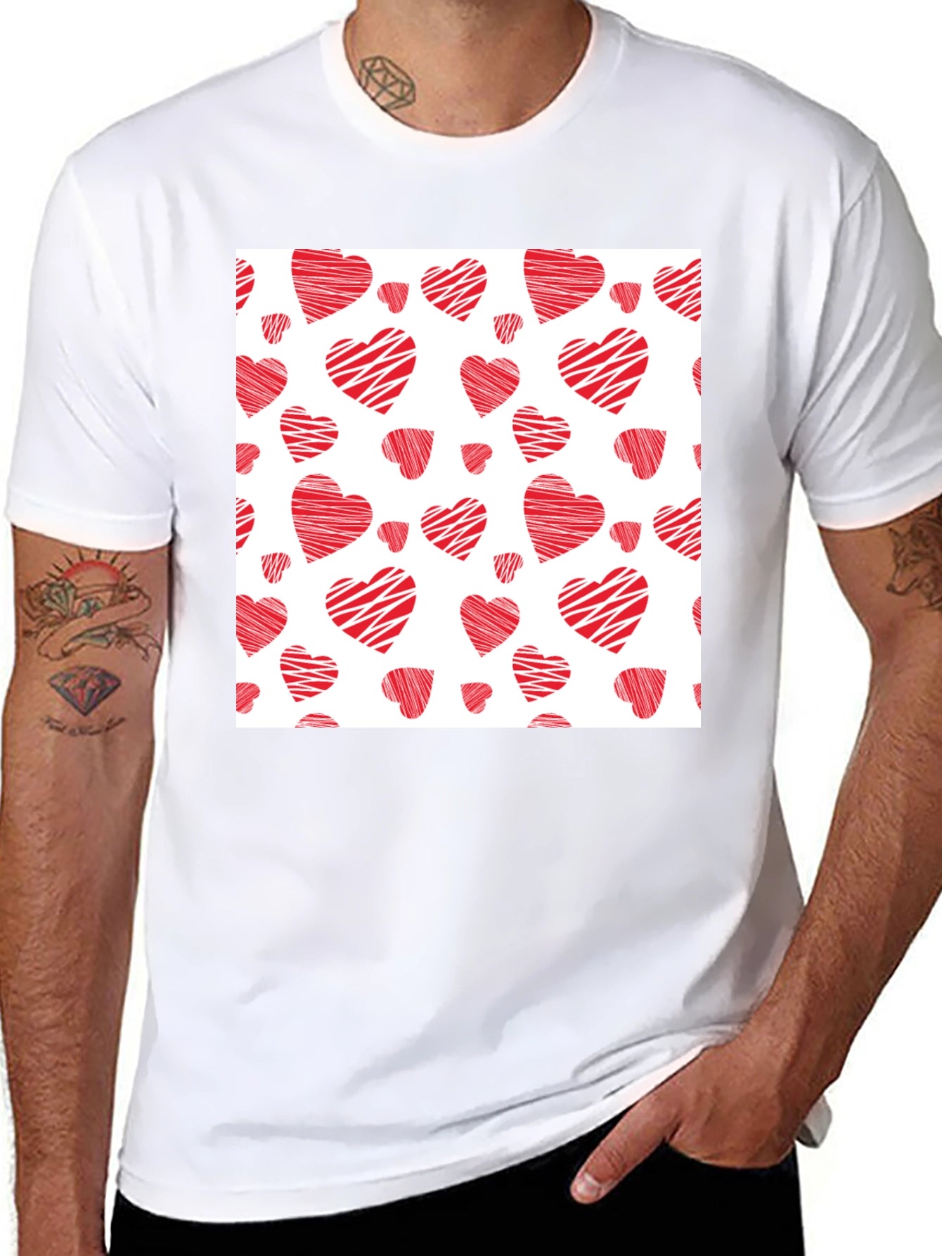 Red Hearts Pattern Black T-Shirt