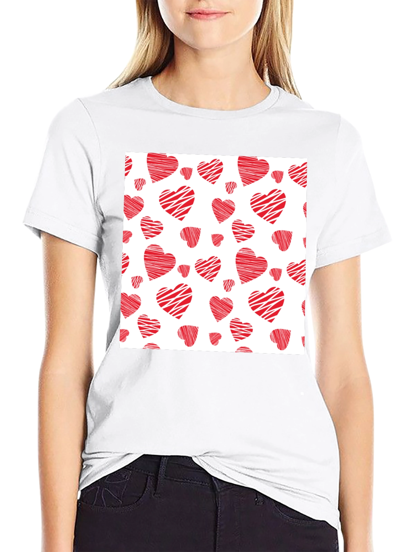 Red Hearts Pattern Black T-Shirt