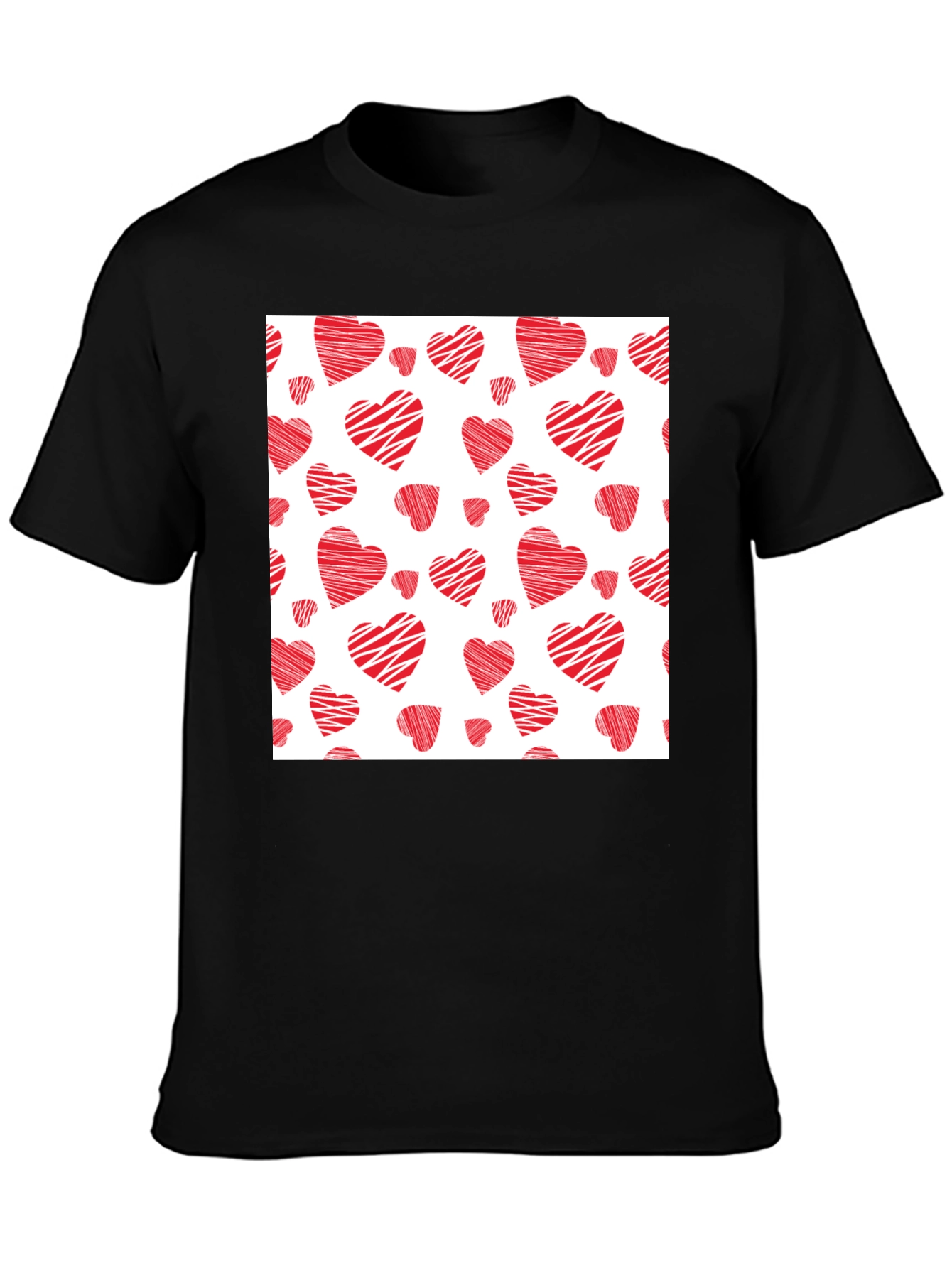 Red Hearts Pattern Black T-Shirt