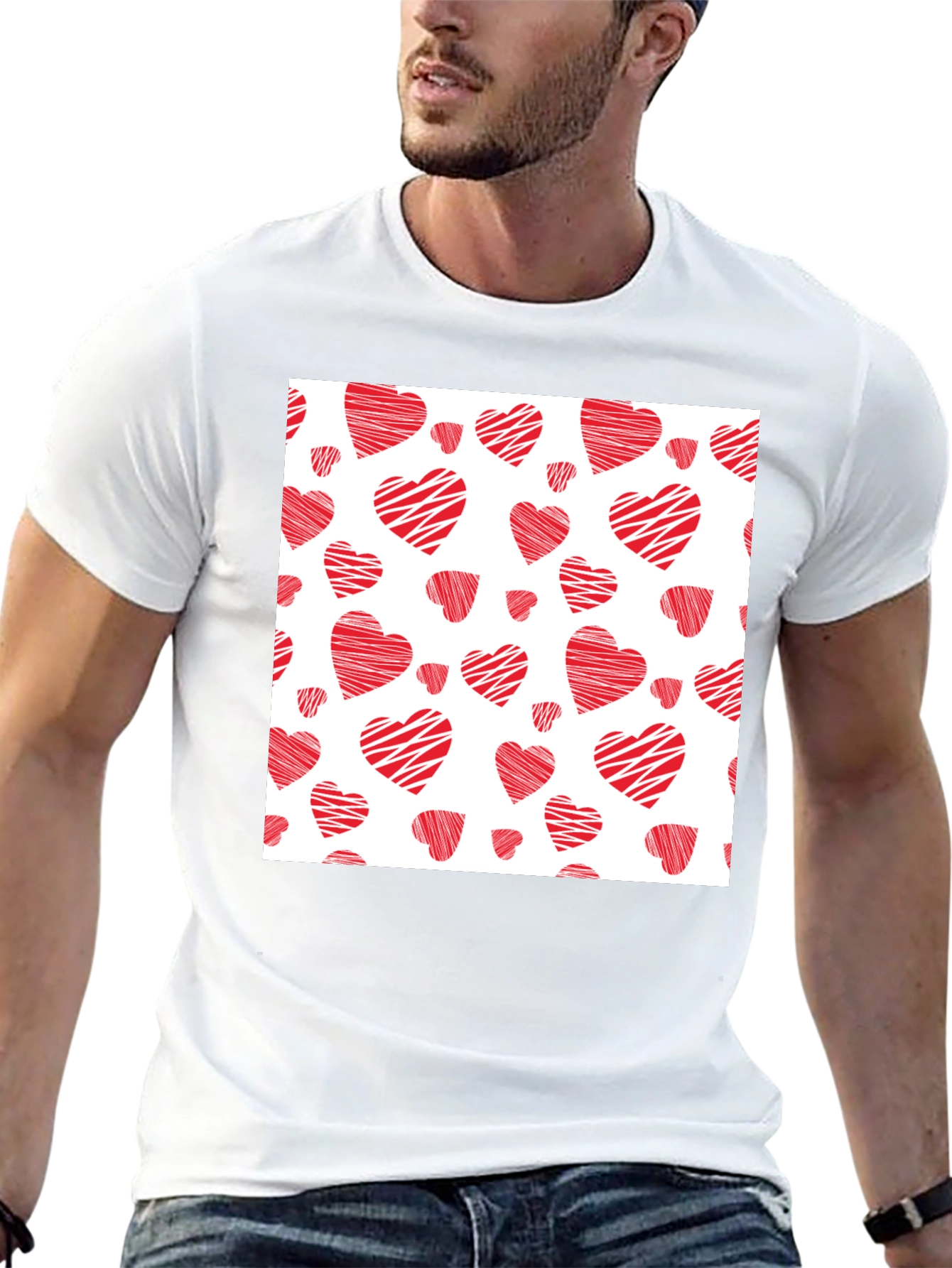 Red Hearts Pattern Black T-Shirt