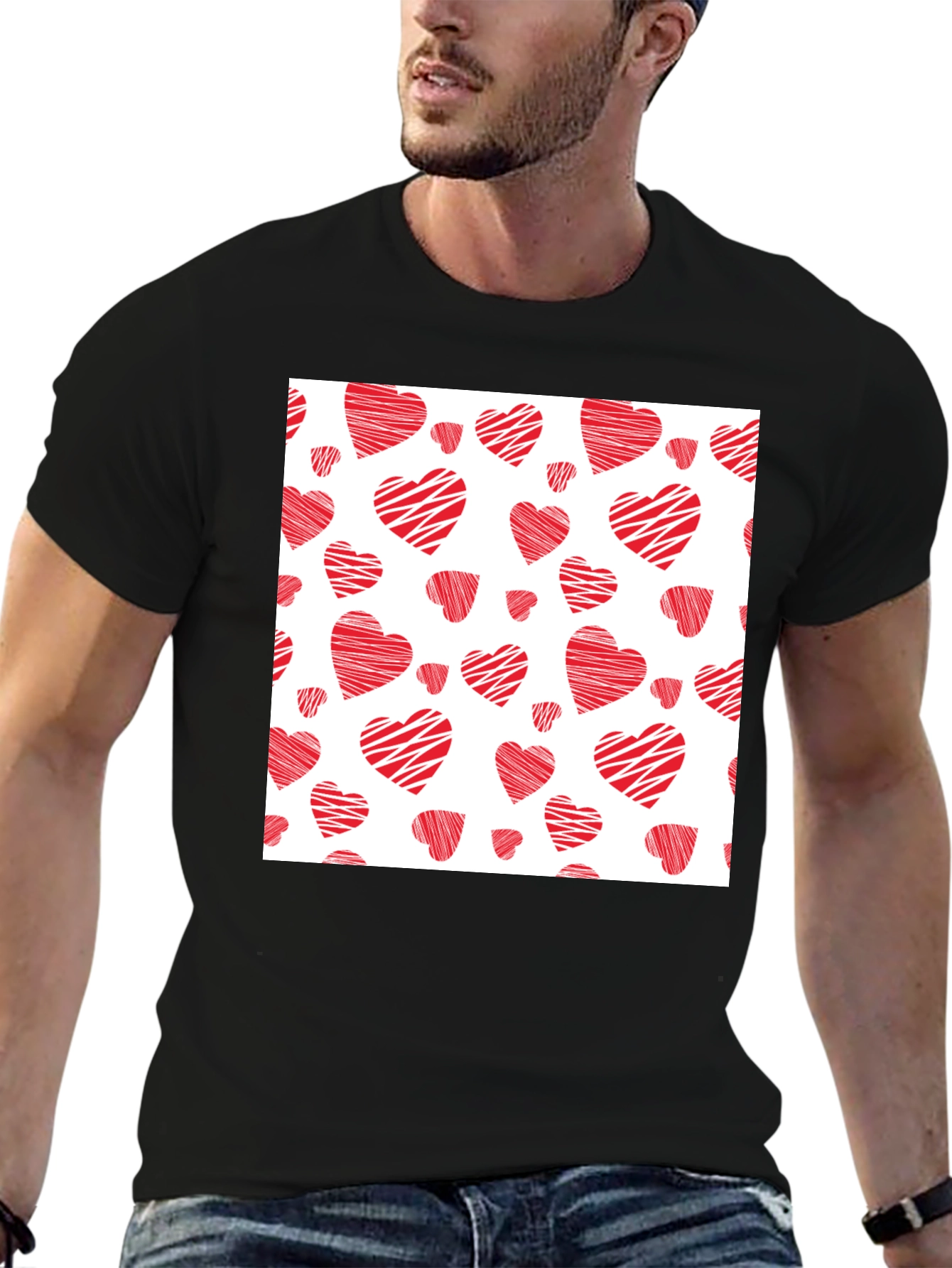 Red Hearts Pattern Black T-Shirt