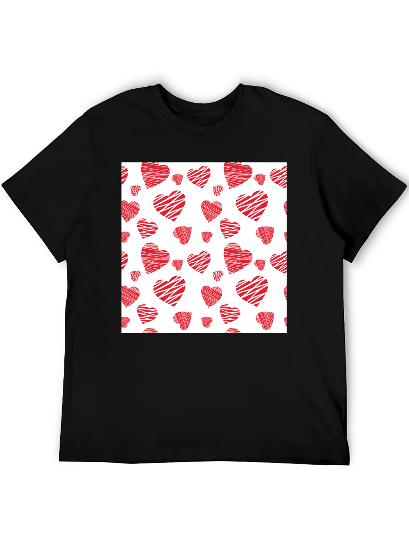 Red Hearts Pattern Black T-Shirt