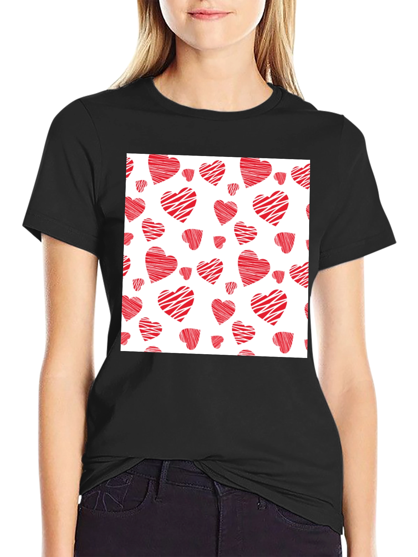Red Hearts Pattern Black T-Shirt