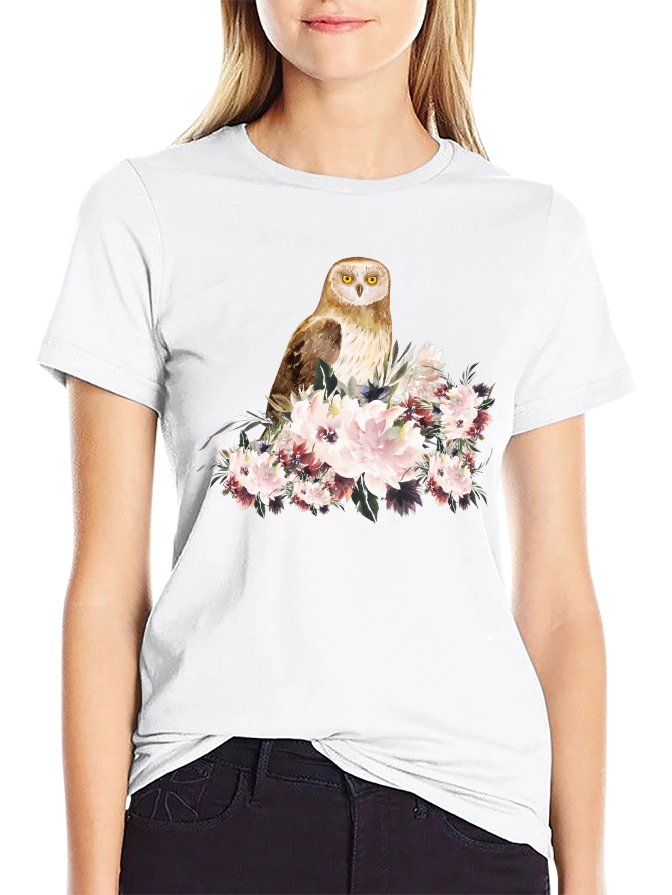 Owl and Floral Black T-Shirt