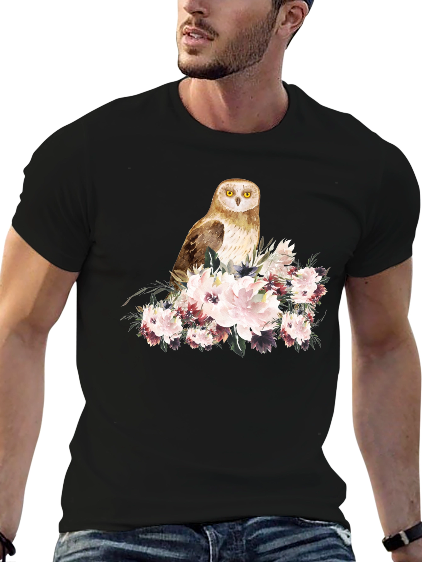 Owl and Floral Black T-Shirt