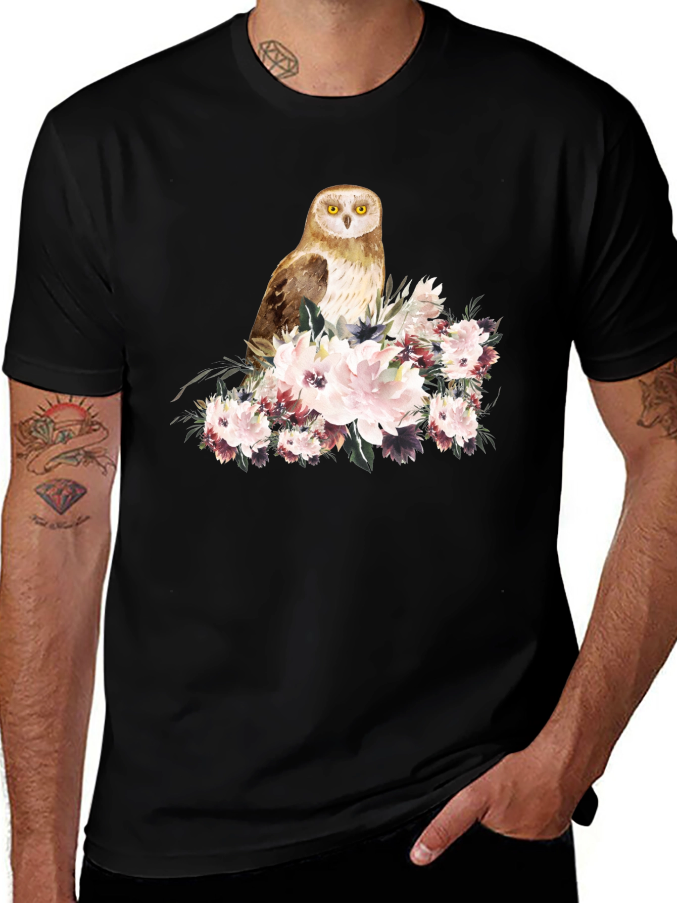 Owl and Floral Black T-Shirt