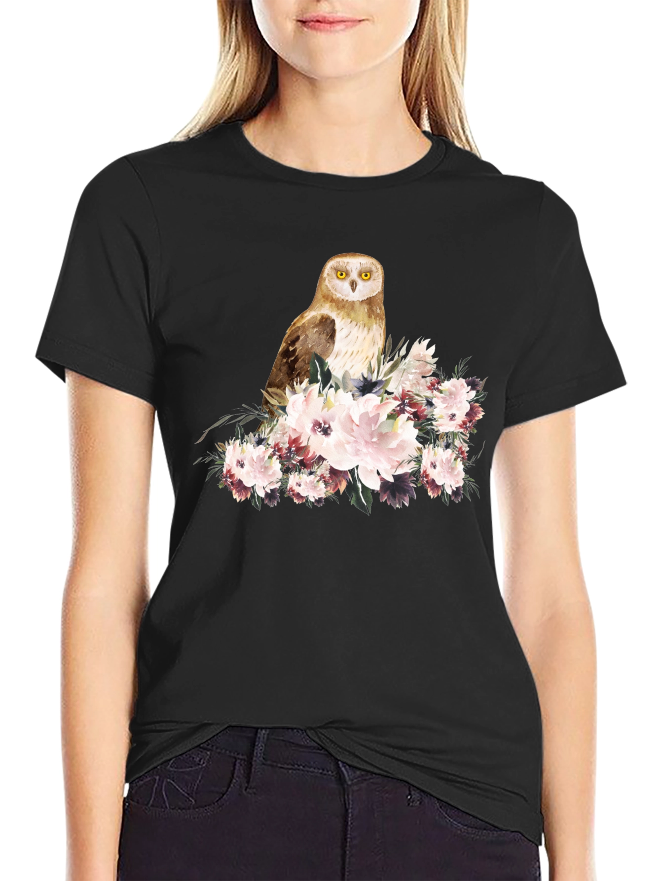 Owl and Floral Black T-Shirt
