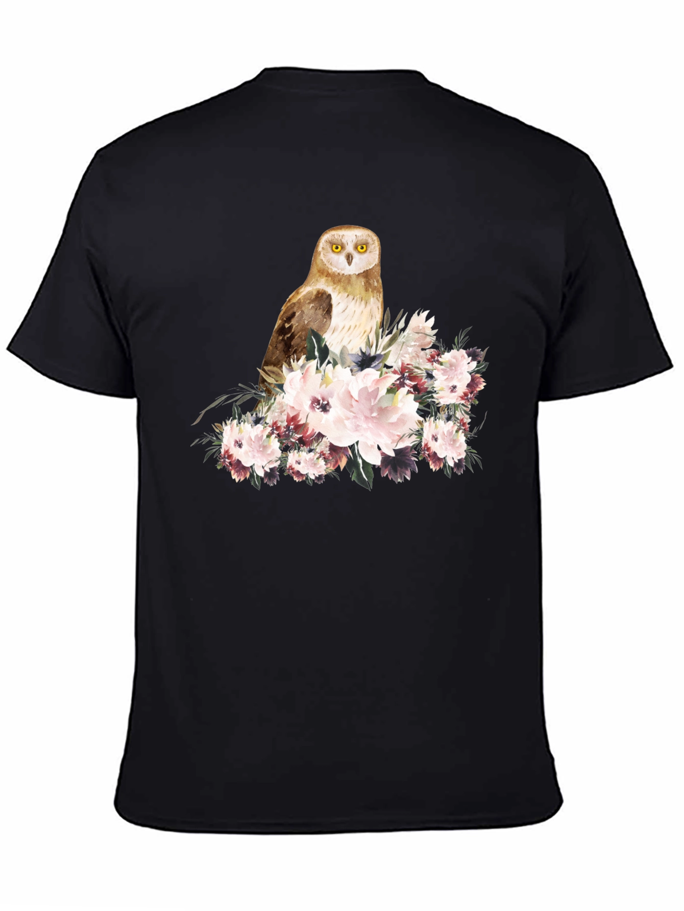 Owl and Floral Black T-Shirt