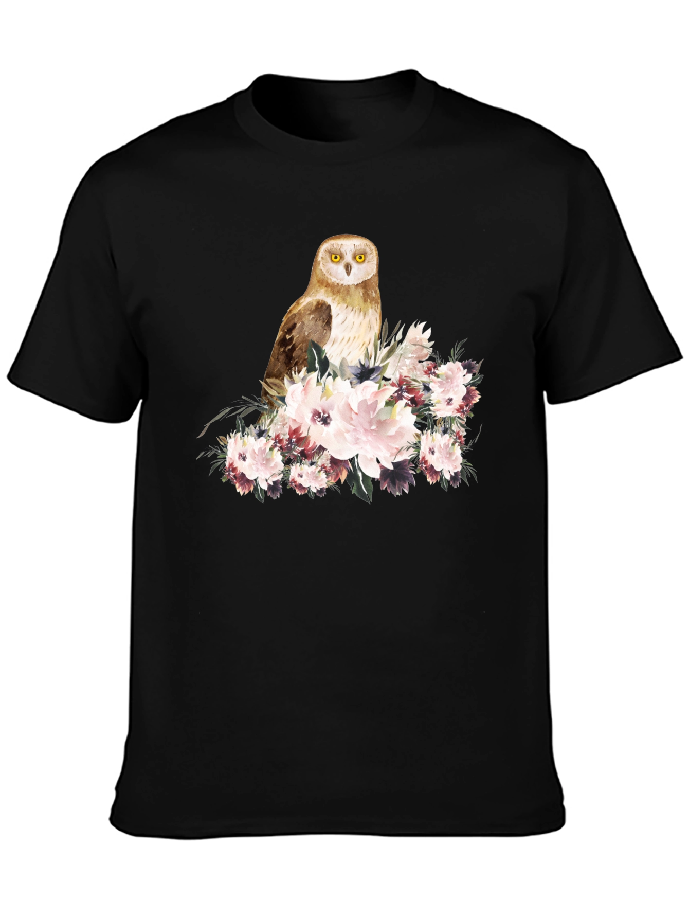 Owl and Floral Black T-Shirt
