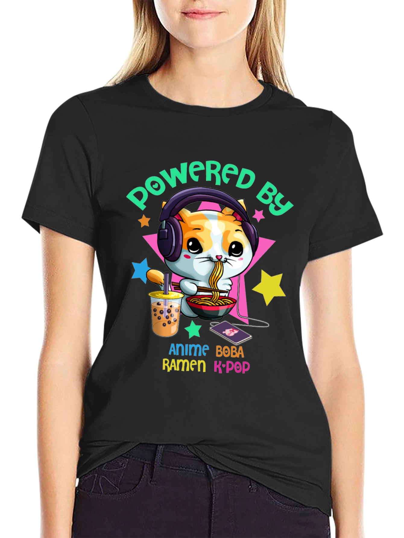Powered by Anime Boba Ramen K-Pop T-Shirt