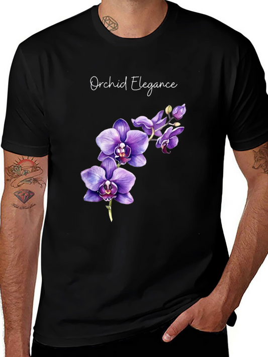 Orchid Elegance Black T-Shirt - Floral Design