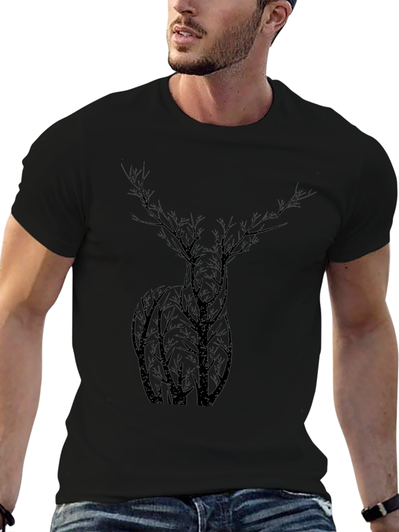 Nature Deer Tree Graphic Black T-Shirt