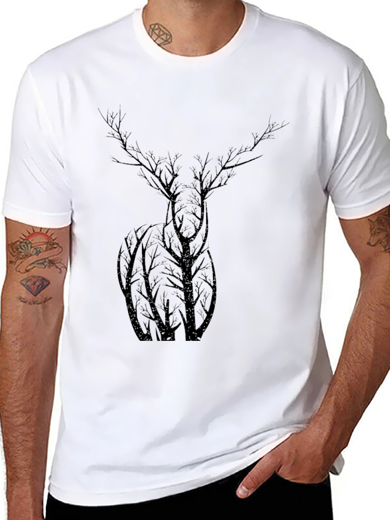 Nature Deer Tree Graphic Black T-Shirt