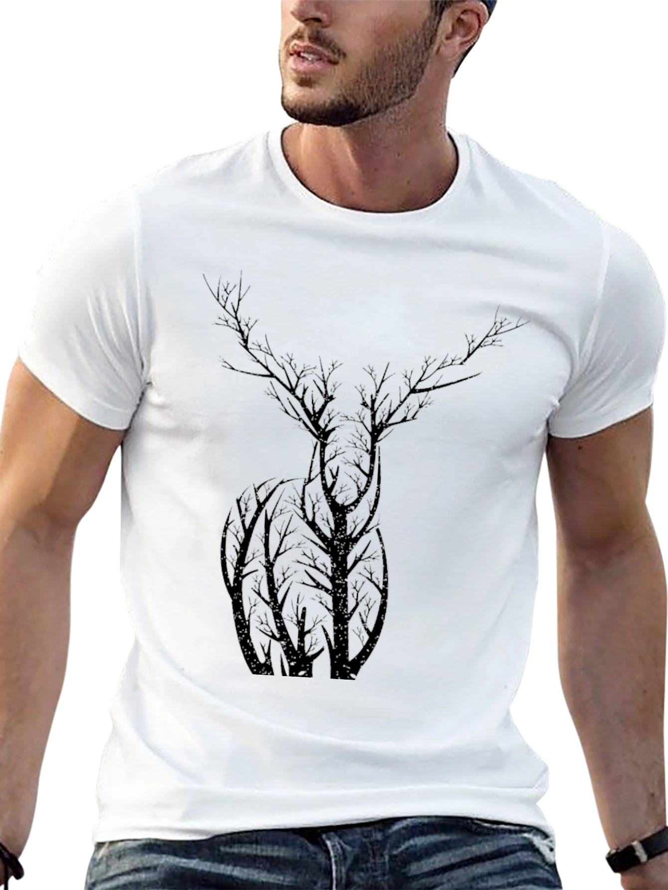 Nature Deer Tree Graphic Black T-Shirt