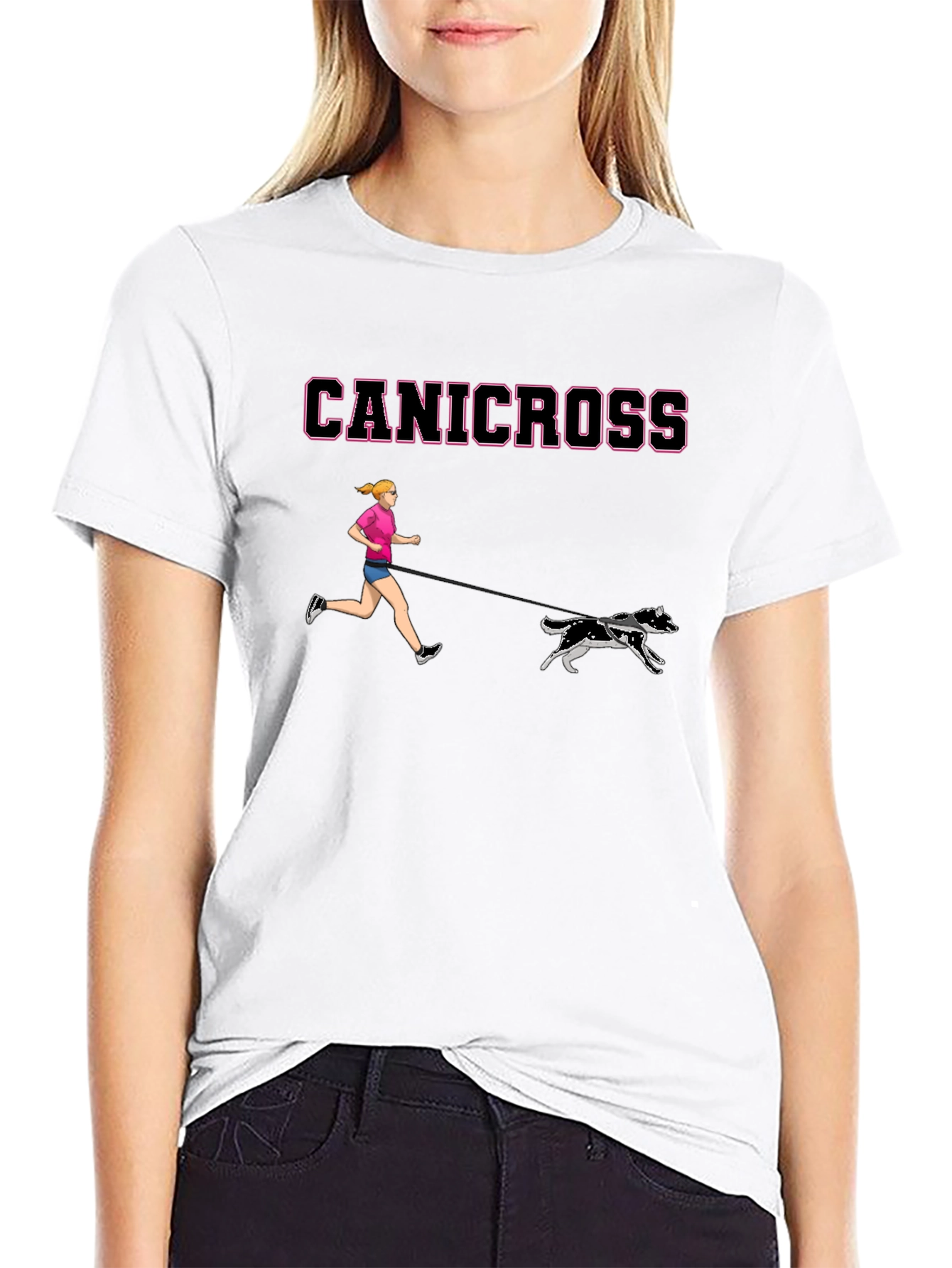 Canicross T-Shirt - Woman & Dogs Running Black Tee