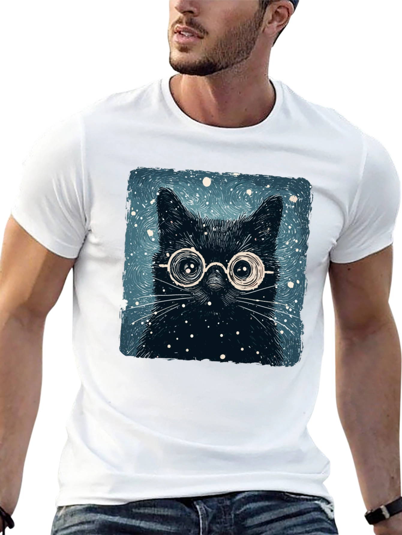 Black Cat with Glasses Graphic Tee