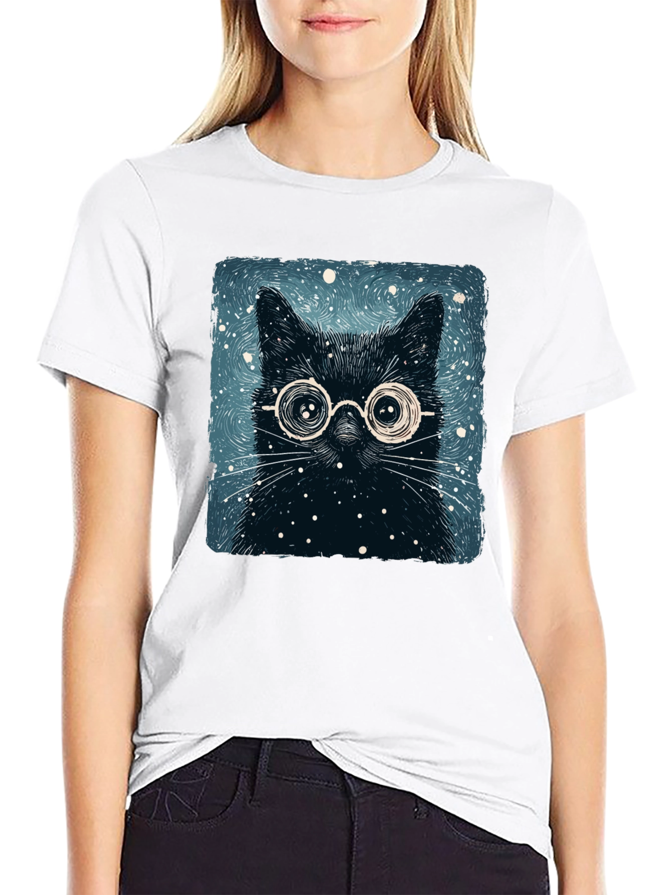 Black Cat with Glasses Graphic Tee