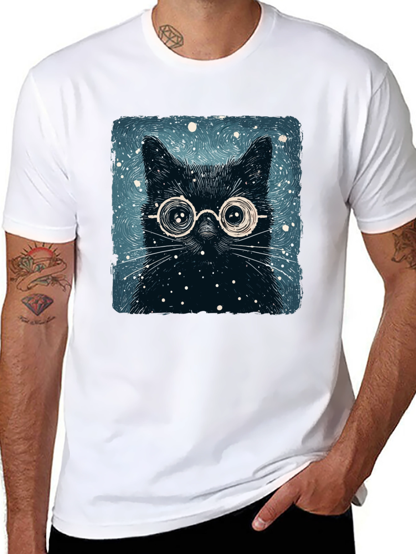 Black Cat with Glasses Graphic Tee