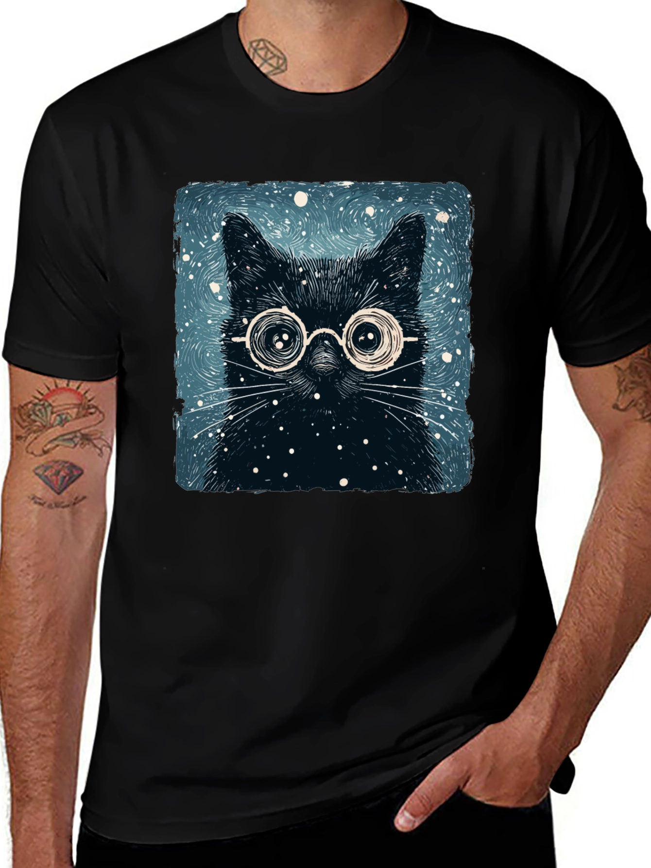 Black Cat with Glasses Graphic Tee