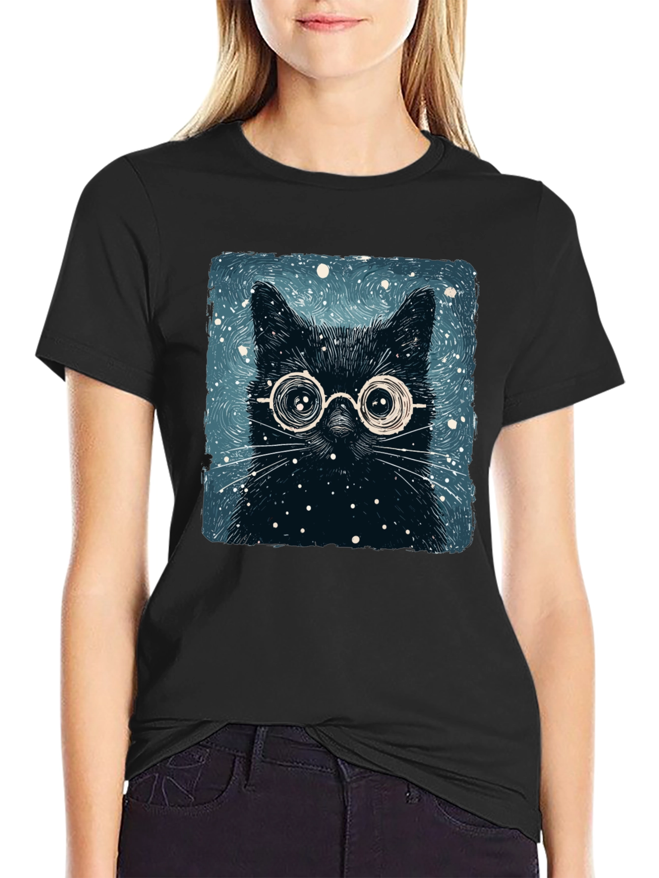 Black Cat with Glasses Graphic Tee