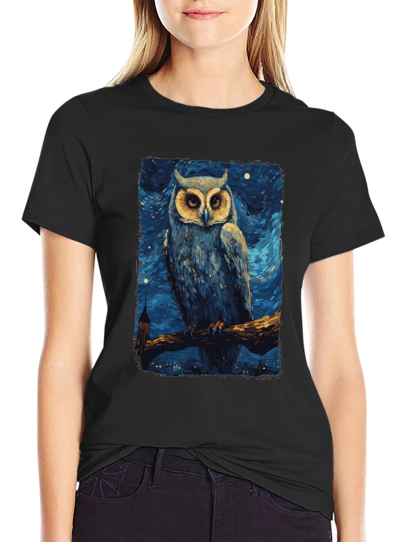Starry Night Owl T-Shirt - Unique Art Tee