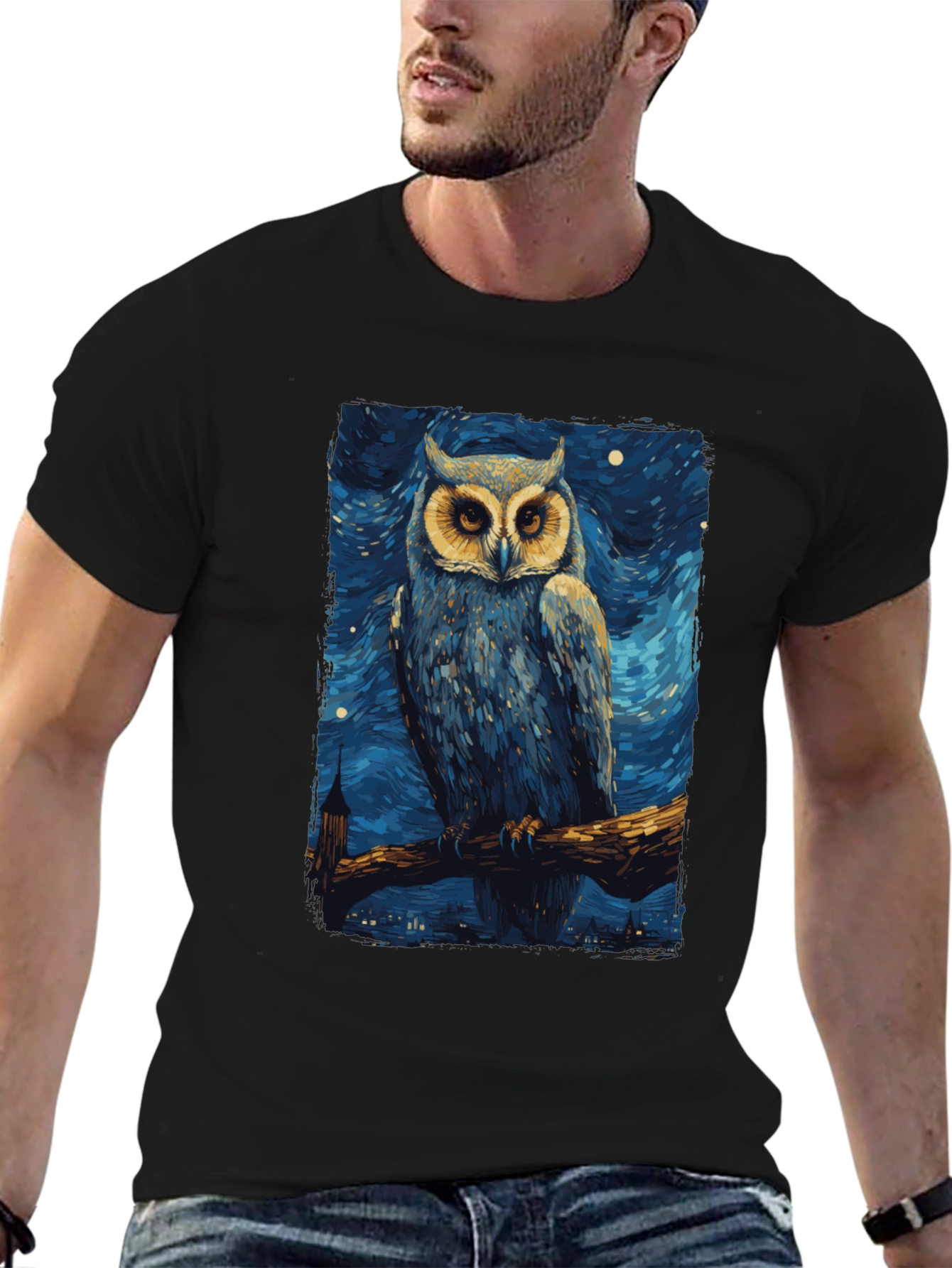Starry Night Owl T-Shirt - Unique Art Tee
