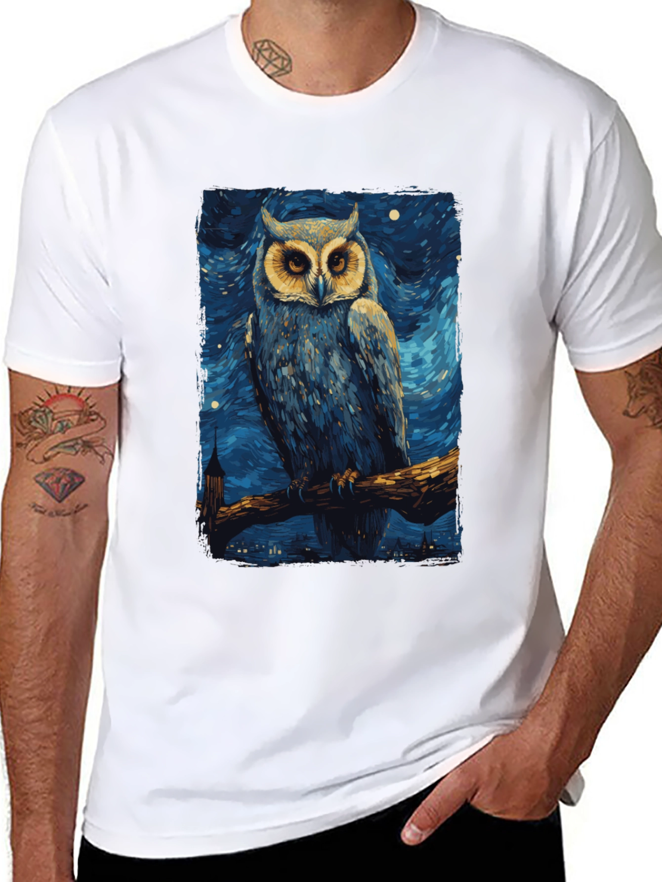 Starry Night Owl T-Shirt - Unique Art Tee