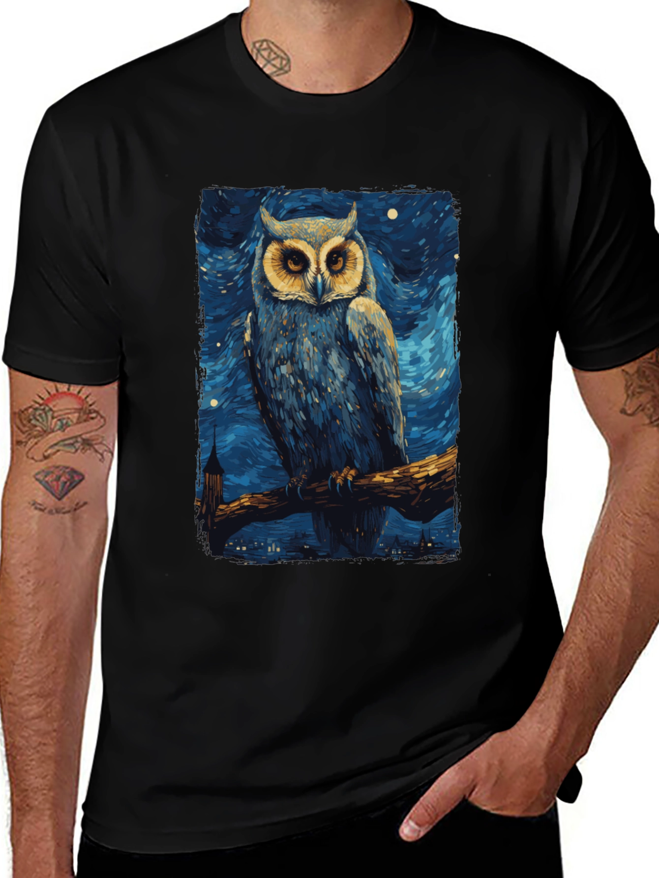 Starry Night Owl T-Shirt - Unique Art Tee