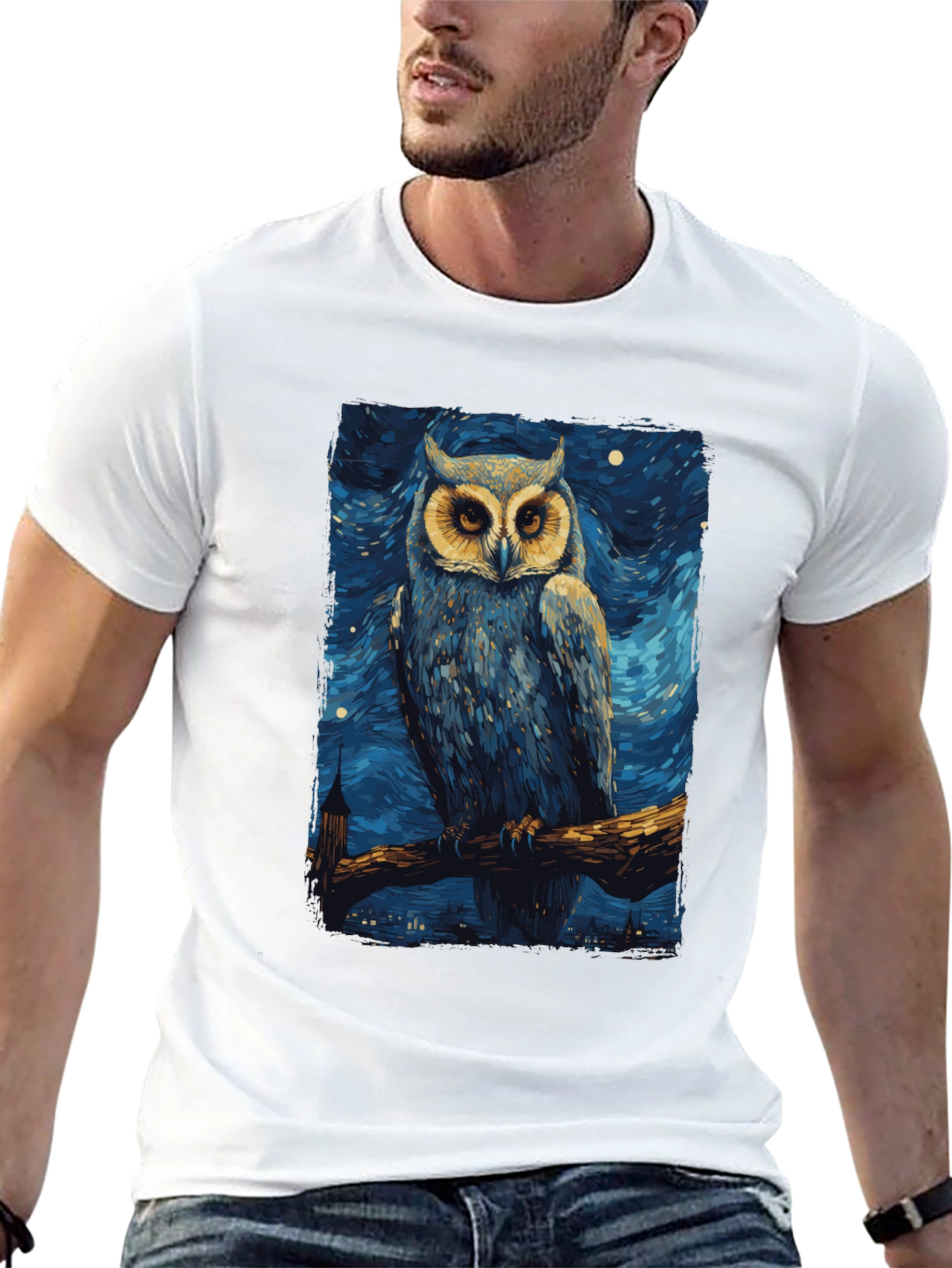 Starry Night Owl T-Shirt - Unique Art Tee