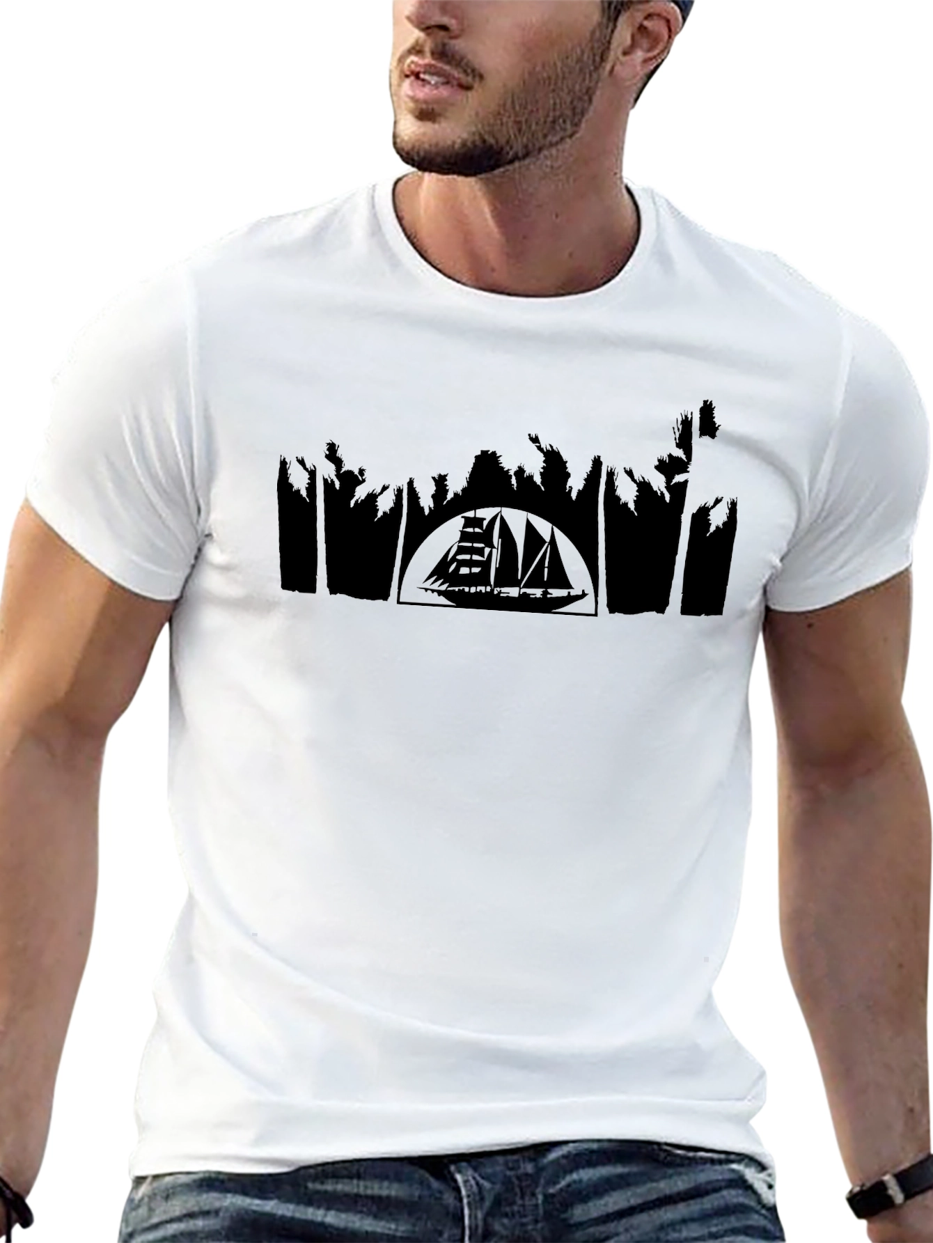 Black T-Shirt with Boat and Palm Tree Silhouette Design
