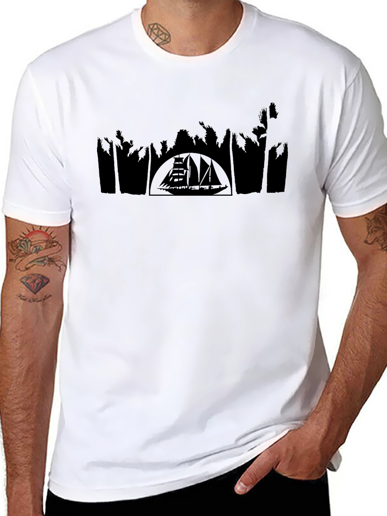 Black T-Shirt with Boat and Palm Tree Silhouette Design