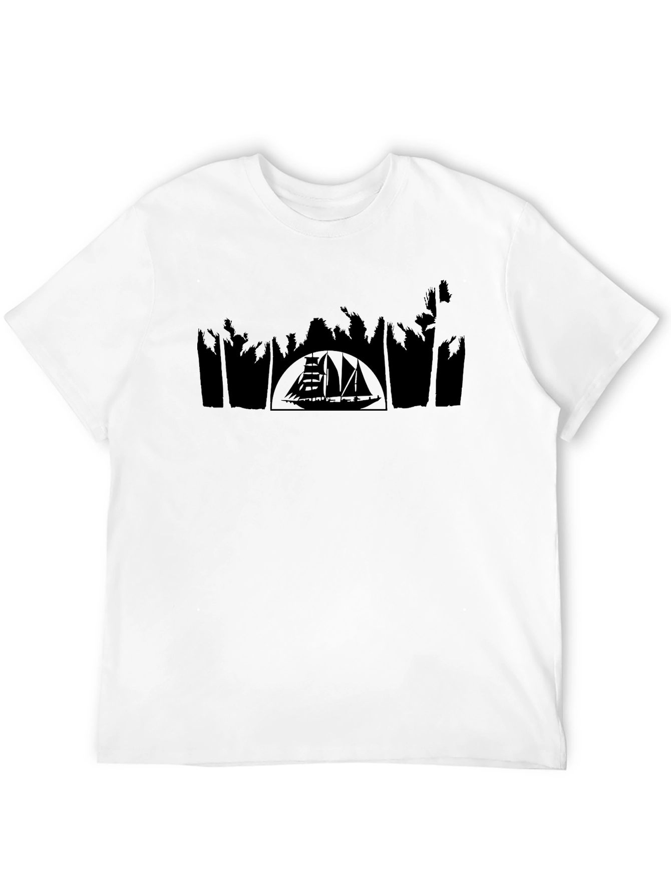 Black T-Shirt with Boat and Palm Tree Silhouette Design