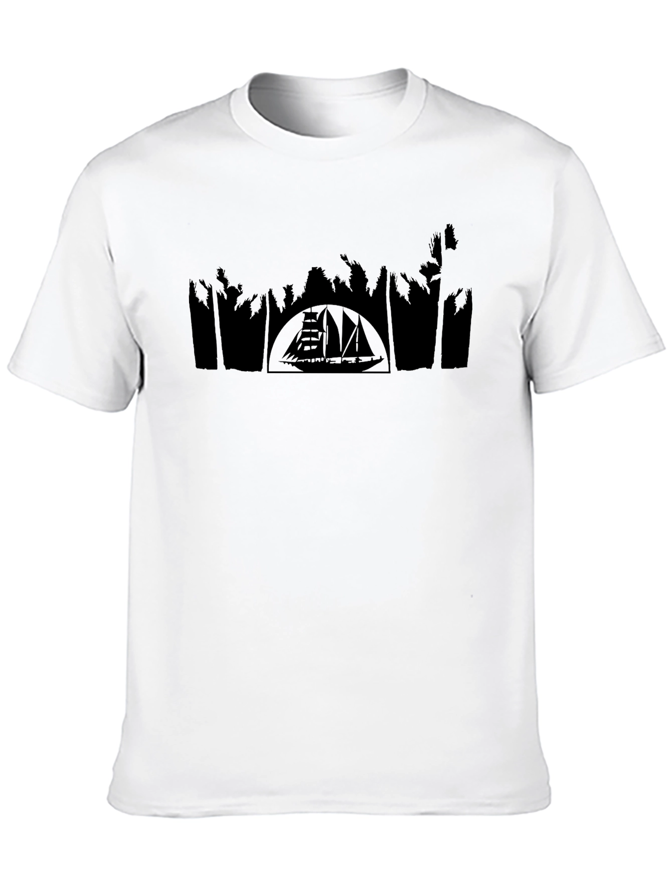 Black T-Shirt with Boat and Palm Tree Silhouette Design