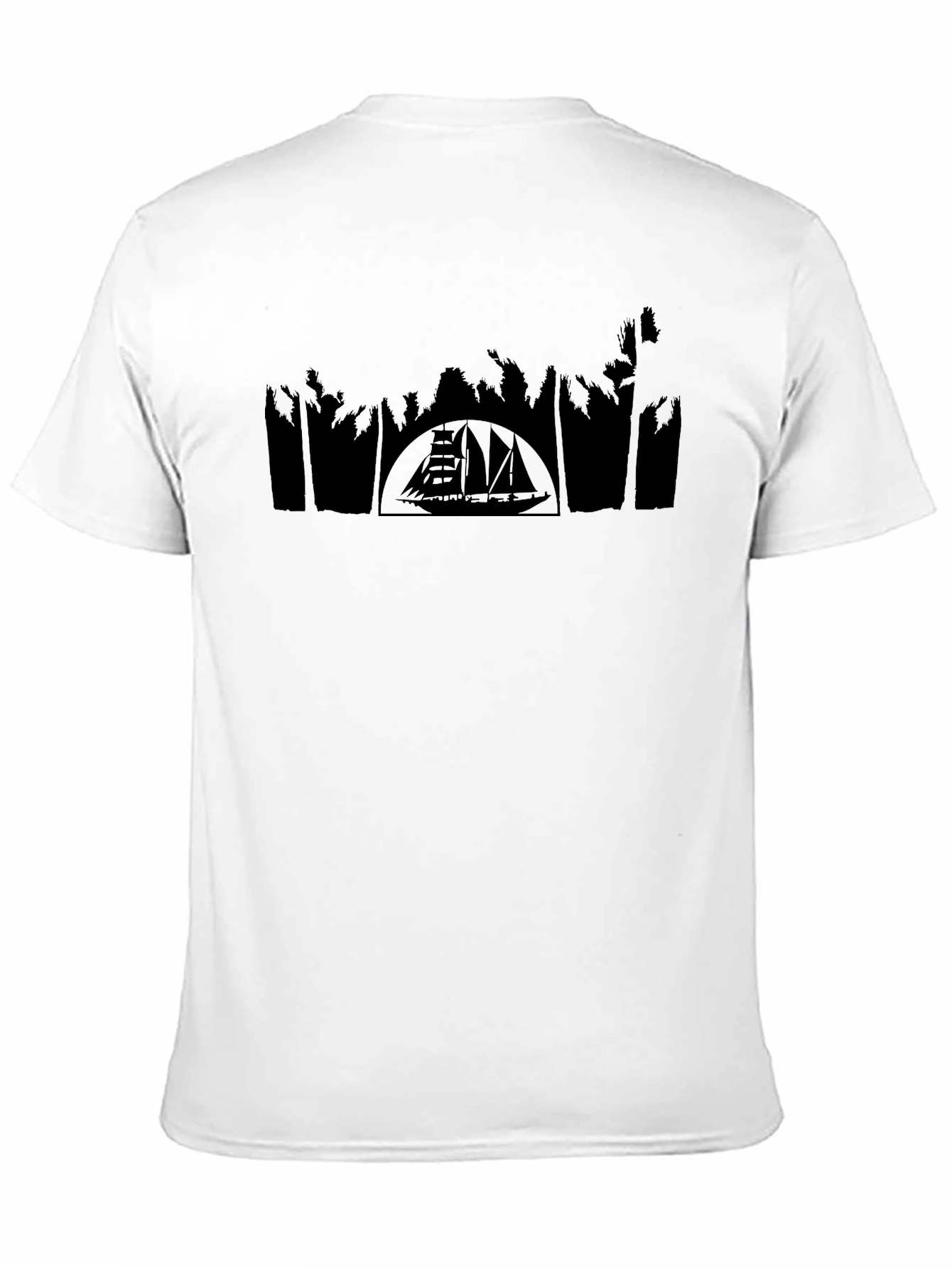 Black T-Shirt with Boat and Palm Tree Silhouette Design