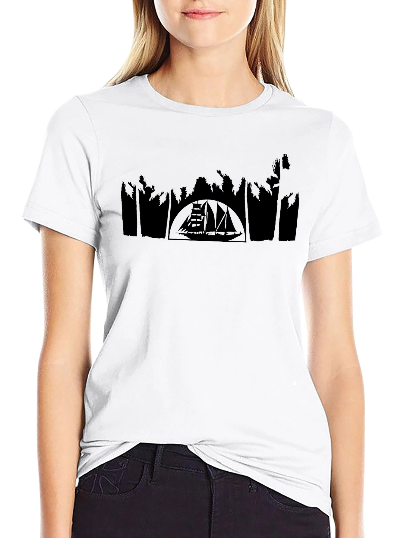 Black T-Shirt with Boat and Palm Tree Silhouette Design